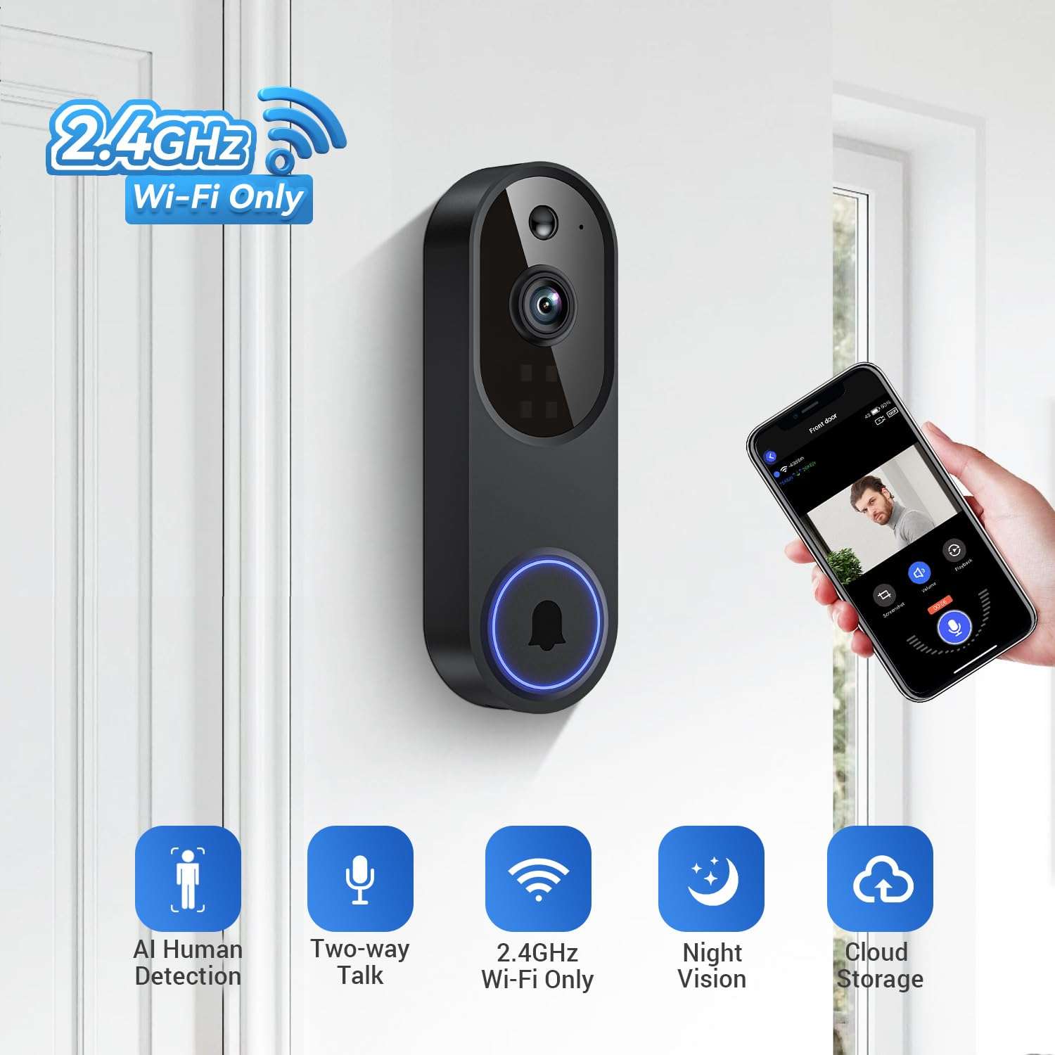 SearByte Wireless Video Doorbell Camera, 2.4G WiFi Only, AI Human Detection, Indoor/Outdoor Surveillance Cam for Home Security, 2-Way Talk, Night Vision, Cloud Storage (Sold Separately) 3