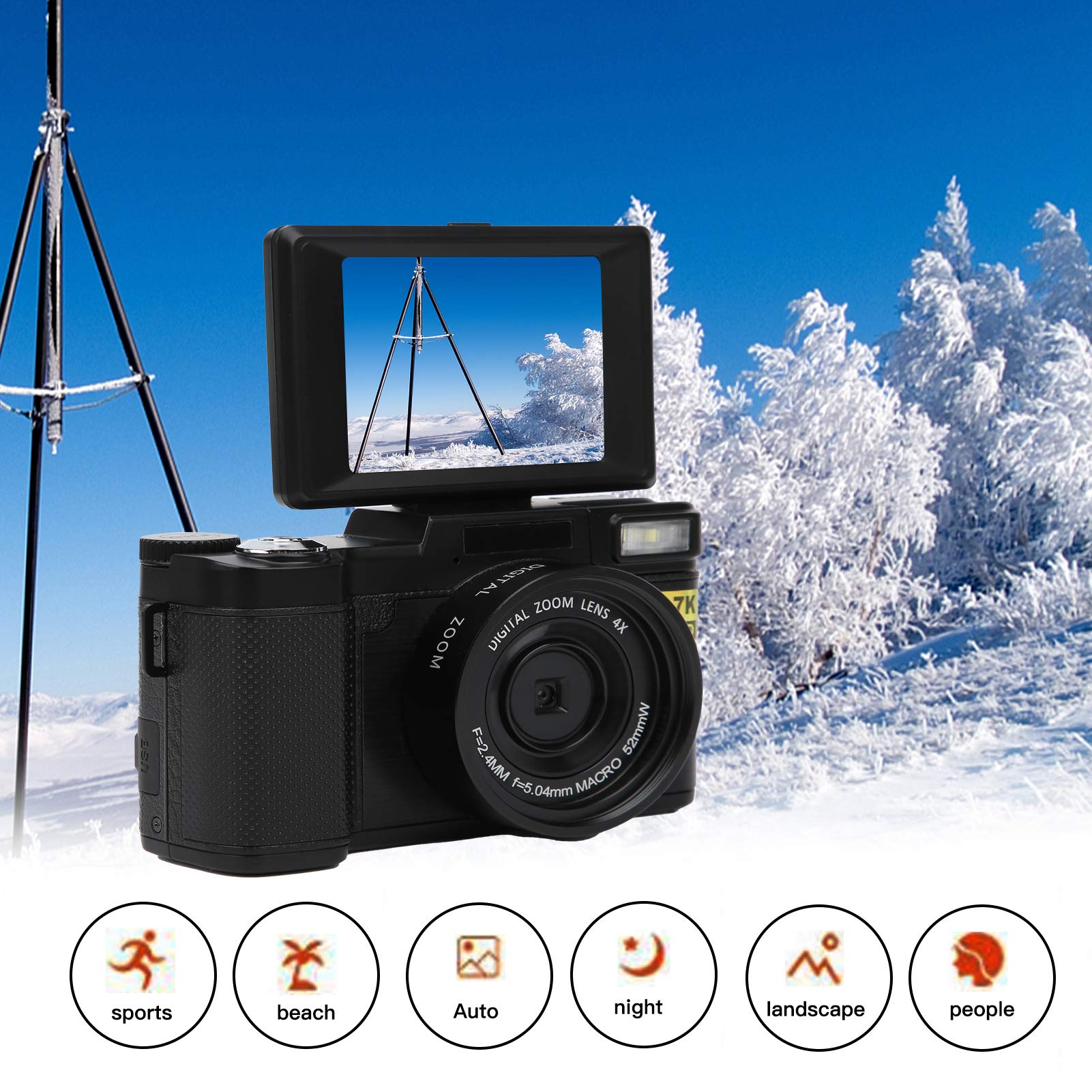 Eujgoov WIFI Digital Camera 3in LCD Screen 180 Degree Rotation 2.7K 48MP High Definition USB Charging 3