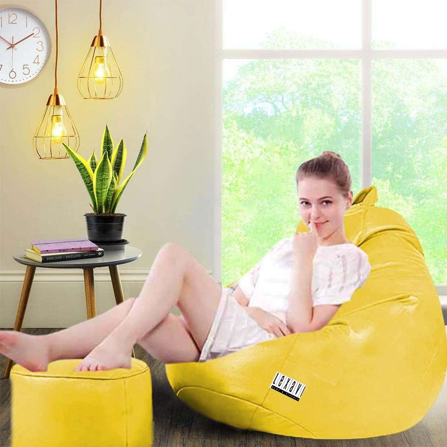 LEXAVI Brand Origial Faux Leatherette| 6 Month Warranty | Quality 4XL Bean Bag with Footrest & Comfy Cushion Filled with Beans (Ready to Use) Special for Corporate & New Year Gifts (Yellow) 1