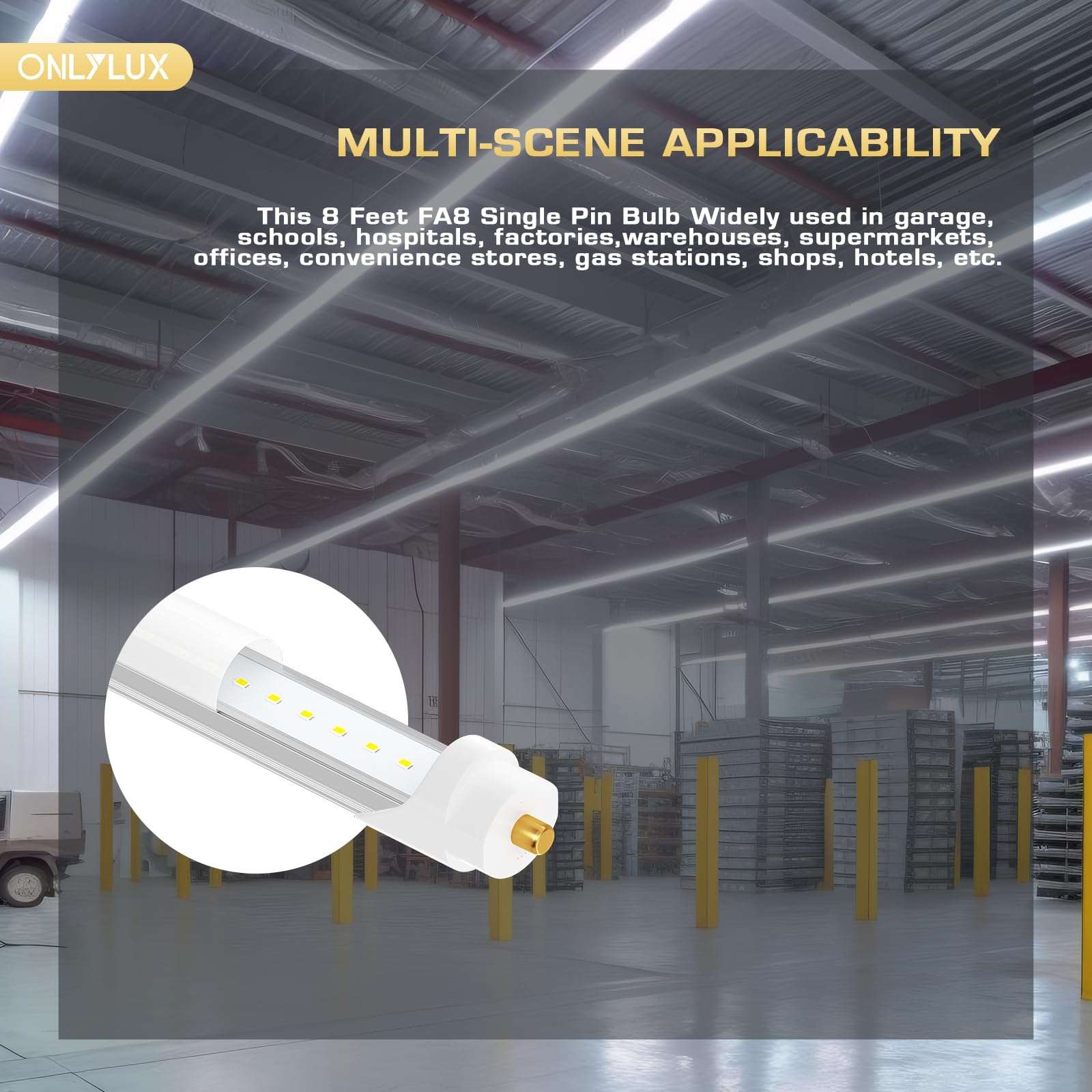 ONLYLUX 8 Foot Led Bulbs T8 T12 LED 8ft Tube Light F96T8 F96T12 LED Bulb 96" FA8 Single Pin LED Fluorescent Replacement, (100W Fluorescent Equivalent) 6500K CW Daylight Milky Cover, 10 Pack 5