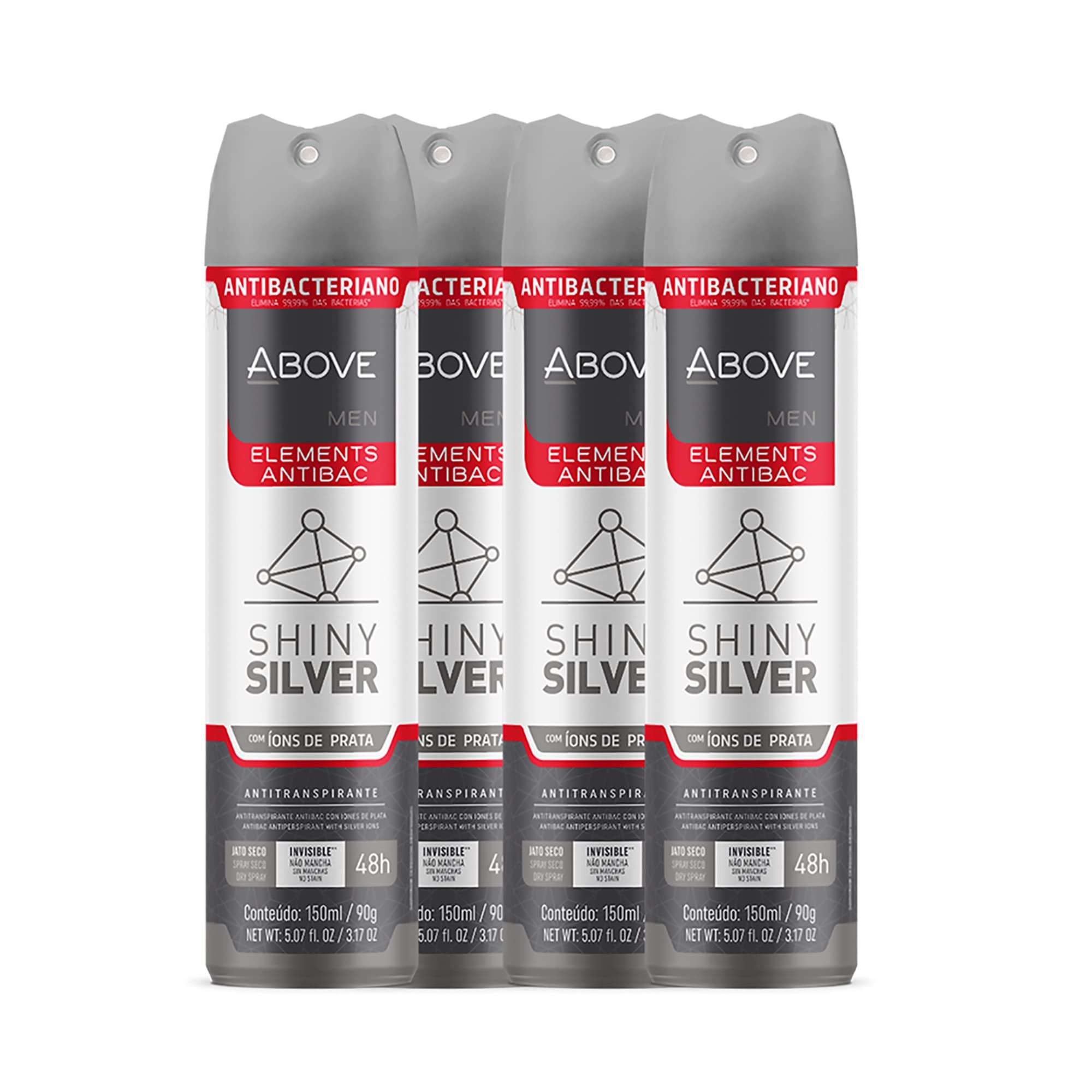 ABOVE Shiny Silver - 48 Hours Elements Antiperspirant Deodorant Set for Men - Notes of Jasmine and Mint - Dry Spray Protects Against Sweat and Body Odor - Instant Freshness - Stain Free - 4 pc 1