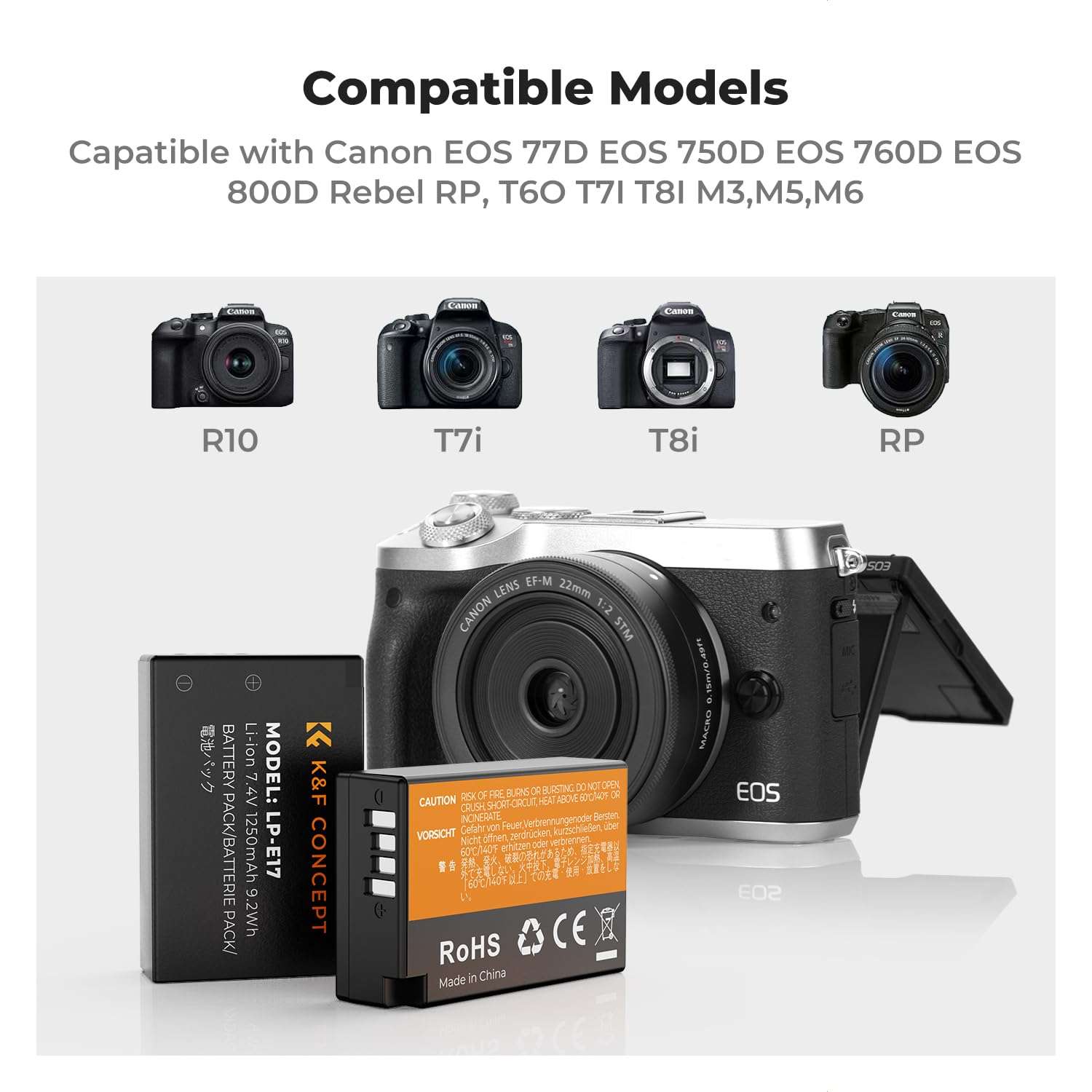 K&F Concept 3-Pack LP-E17 Battery and Upgraded 3-Slot LCD Charger for Canon EOS R50 RP R10 R8, Rebel T8i T7i T6i T6s SL2 SL3 EOS M3 M5 M6 200D 77D 750D 760D 800D 8000D Camera 3