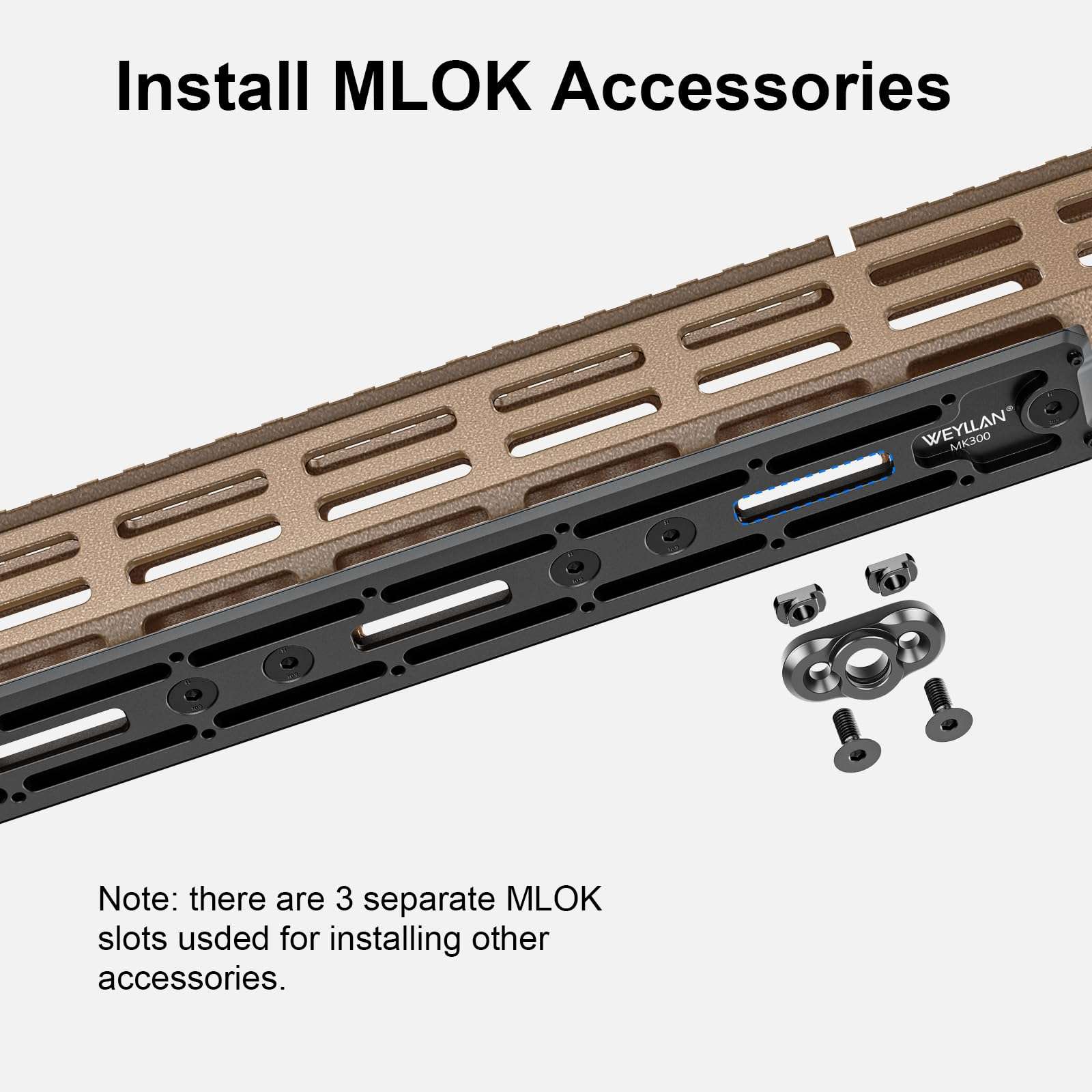 WEYLLAN MK300 Mlok Arca Rail, 300mm/11.81'' Quick Release Plate Mlok to Arca Swiss/RRS Dovetail, 6061-T6 Aluminum Bipod & Tripod Mount Adapter with Three QD Sling Mount Holes 3