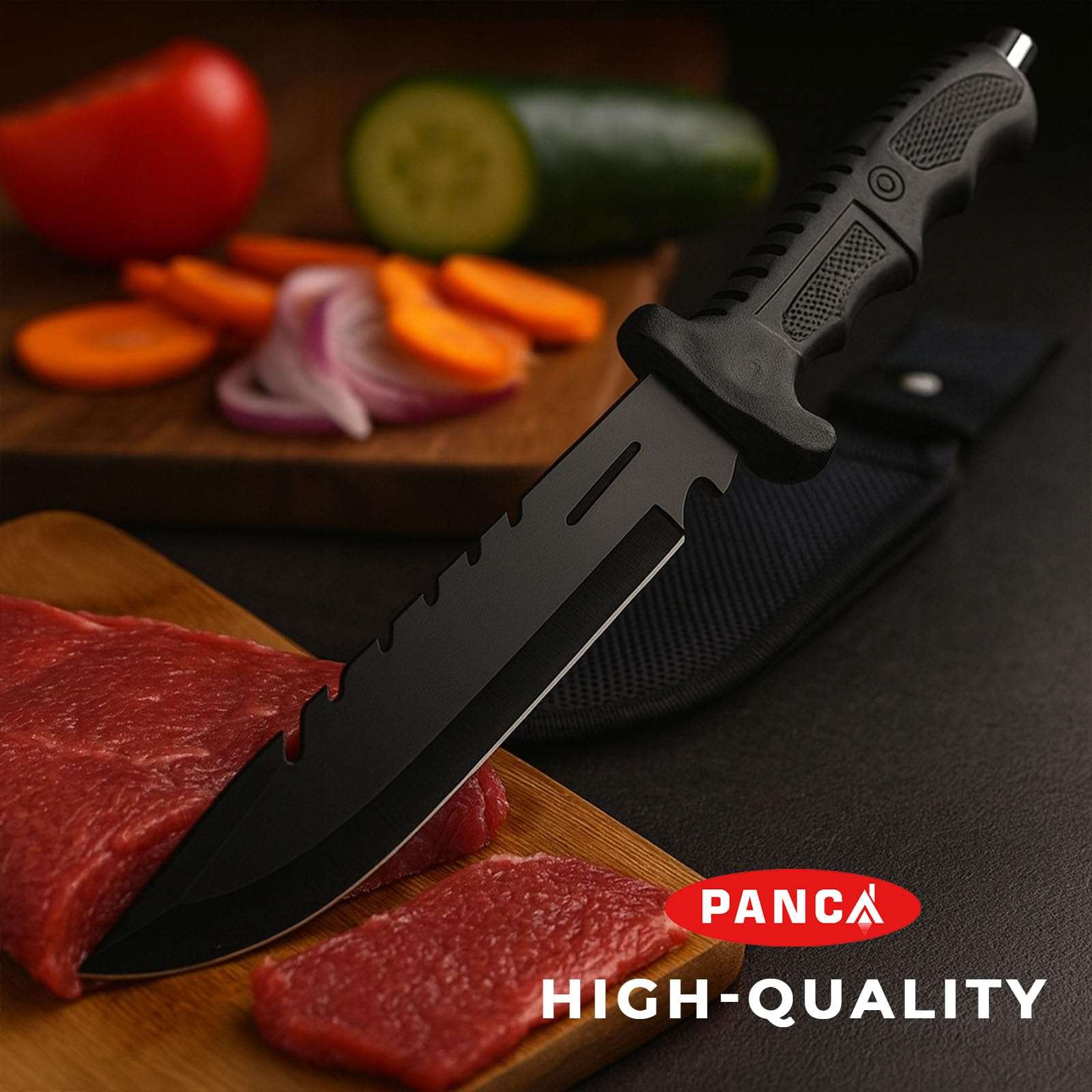 PANCA Premium Carbon Steel Kitchen Knife with Protective Cover | Sharp Utility Knife for Cutting Fruits, Vegetables & Meat | Rust-Resistant Black Culinary for Home & Kitchen Use (Set of 1) 6