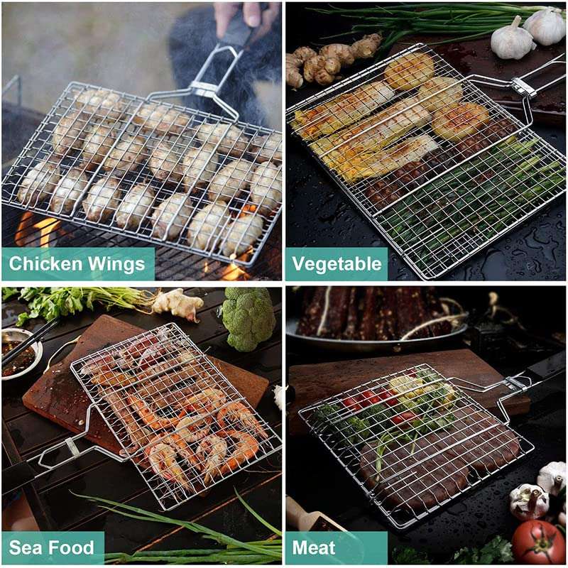 Divvy Chromium Plated Barbecue BBQ Grill Net Basket for Fish Vegetables, Steak Shrimp Chops and Other Food with Wooden Handle 5