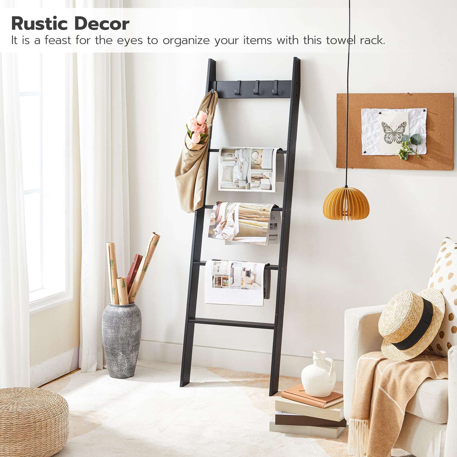 HOOBRO Blanket Ladder for Living Room and Bedroom, 5-Tier Wall Leaning Towel Rack for Bathroom, Decorative Ladder Shelf with 4 Removable Hooks, Farmhouse Blanket Storage, Black BB51CJ01G1 6