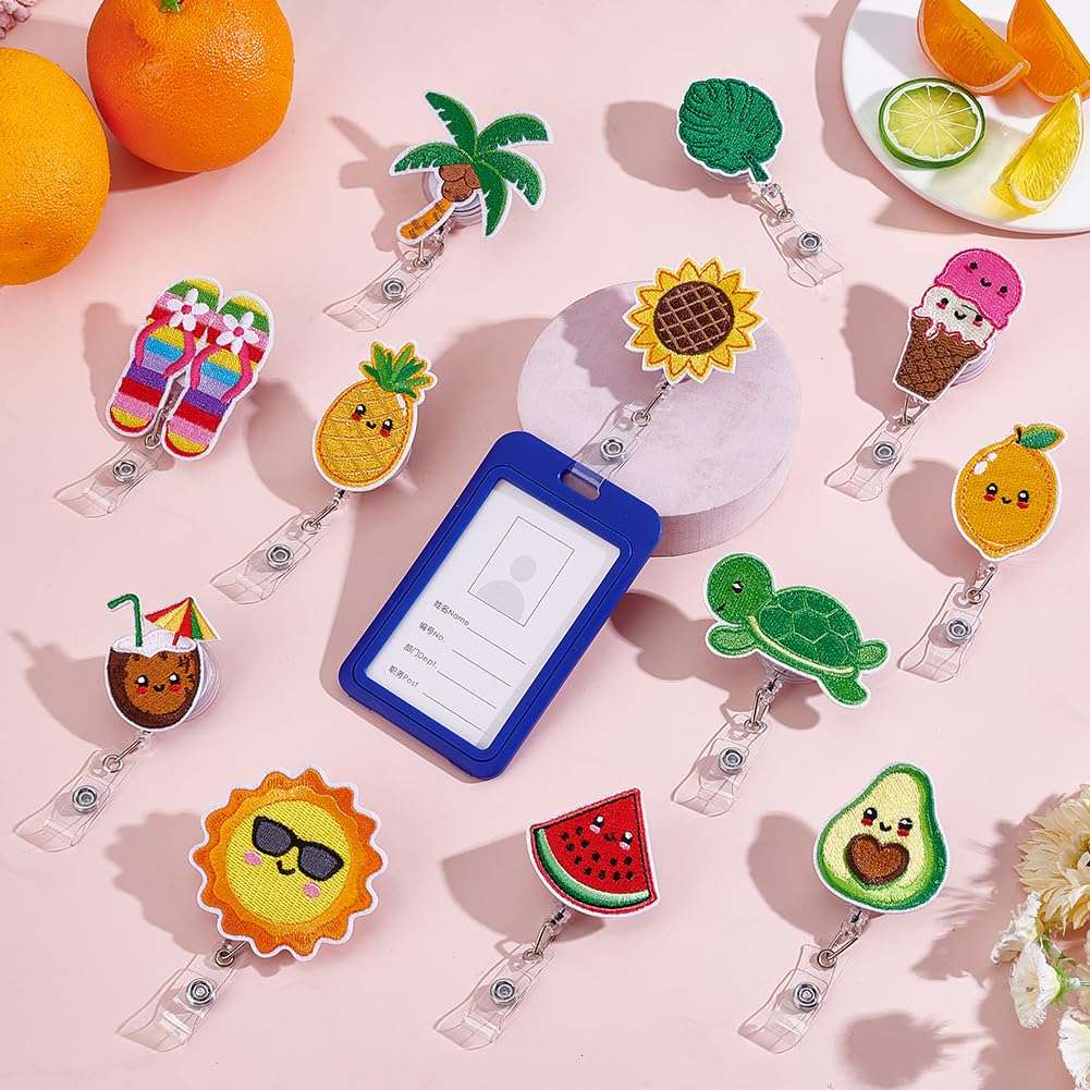 WEBEEDY 12 Styles Summer Beach Badge Reels Retractable Felt Nurse ID Badge Holder Cute Palm Tree Pineapple Watermelon Fruit Animals Name Holder with Clip for Teacher Doctor Office Holiday Decor Gift 6
