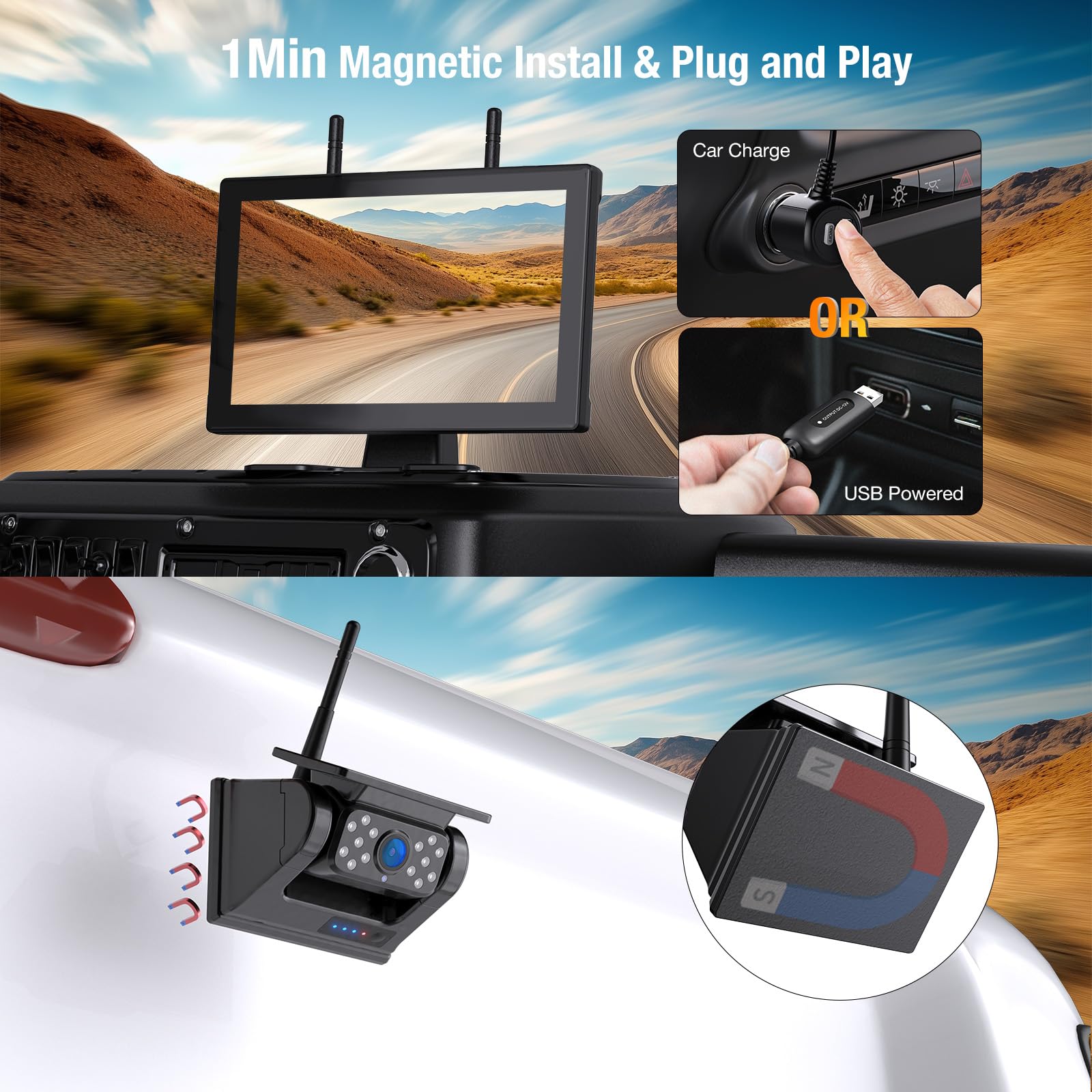 3 Magnetic Solar Wireless Backup Camera for Truck, 9" Portable 1 Min Easy Install Scratch-Proof No Delay Touch Screen Monitor System True 15000mAh Rechargeable Reverse Camera for Tractor Excavator 5
