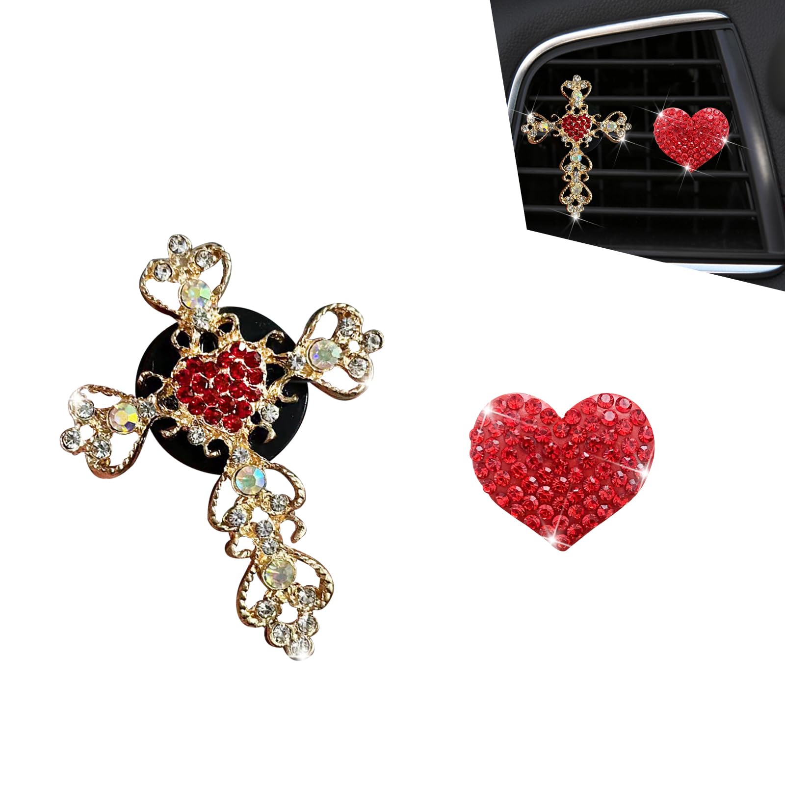 Qurbuns 2 PCS Bling Rhinestone Car Air Vent Clip, Crystal Cross & Heart Car Air Conditioning Outlet Decoration, Universal for Most Cars (Red) 1