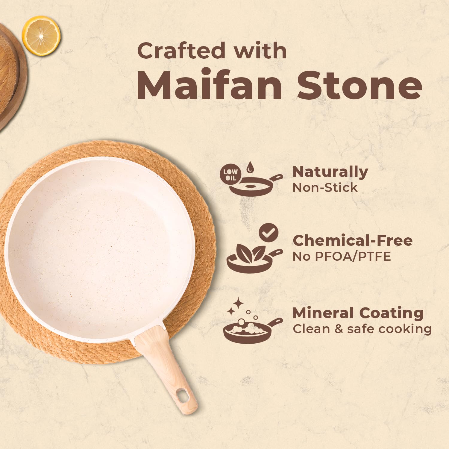 Homero Non Stick Maifan Frying Pan with Lid, Non Stick Pan with Non-Toxic Coating, Granite Skillet with Anti-Scald Handle, Omelet Pans, Egg Pan Cookware, PFOS & PFOA Free (26cm, Maifan Stone) 3