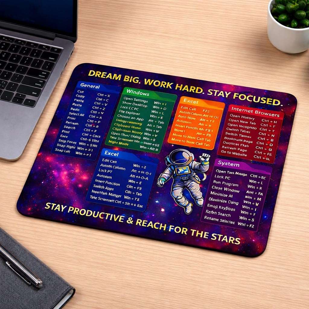 Computer Keyboard Shortcuts Mouse Pad, Galaxy Space Theme with Astronaut Design, Motivational Productivity Reference Guide for Windows Excel and Internet Browsers, Non-Slip Rubber Base, 3mm Thick 4
