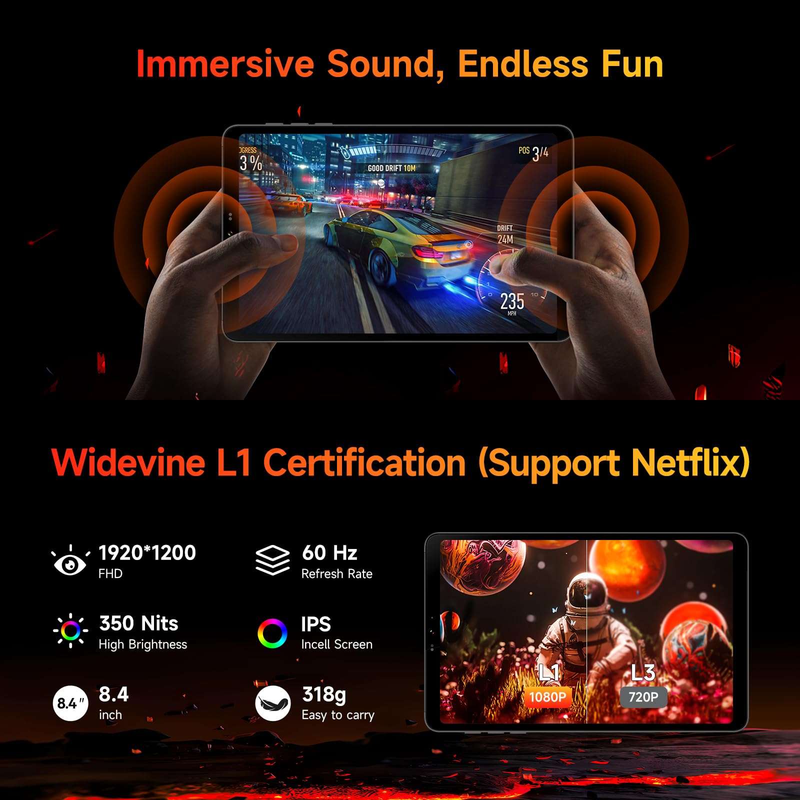 BNCF 8.4 inch Snapdragon 685 Android 14 Tablet, FHD IPS 1920x1200 Resolution 60Hz Reflex Bpad mini with Widevine L1, 16GB+256GB(1TB Expand), 5MP+32MP Camera, 4G LTE+2.4G/5G WiFi+BT5.0+GPS, 6050mAh 5