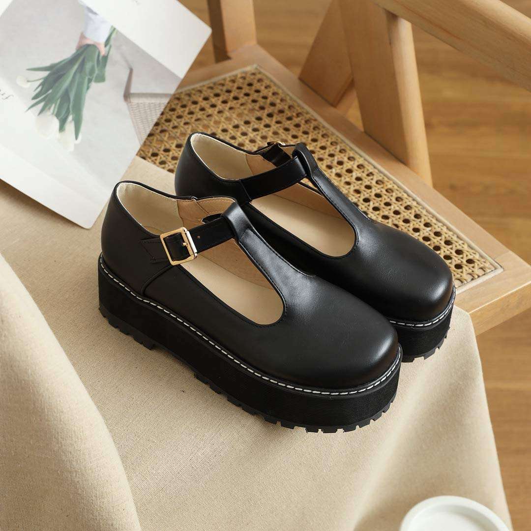 MSKFZEK Platform Mary Janes Shoes Women, Round Toe Gothic Black Lolita Shoes Chunky Heel Ankle Strap Uniform Dress Pumps 4