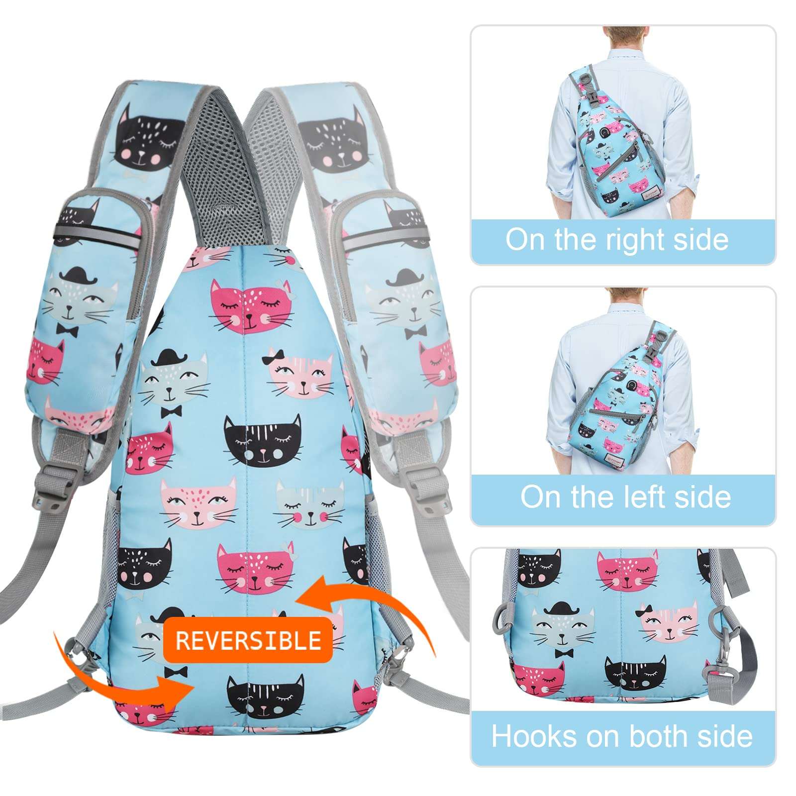 ZOMAKE Sling Bag for Women Men, Small Crossbody Sling Backpack, Mini Water Resistant Shoulder Daypack for Travel, Anti Thief Chest Bag for Hiking, Sports(Cat's Head Light Blue) 6