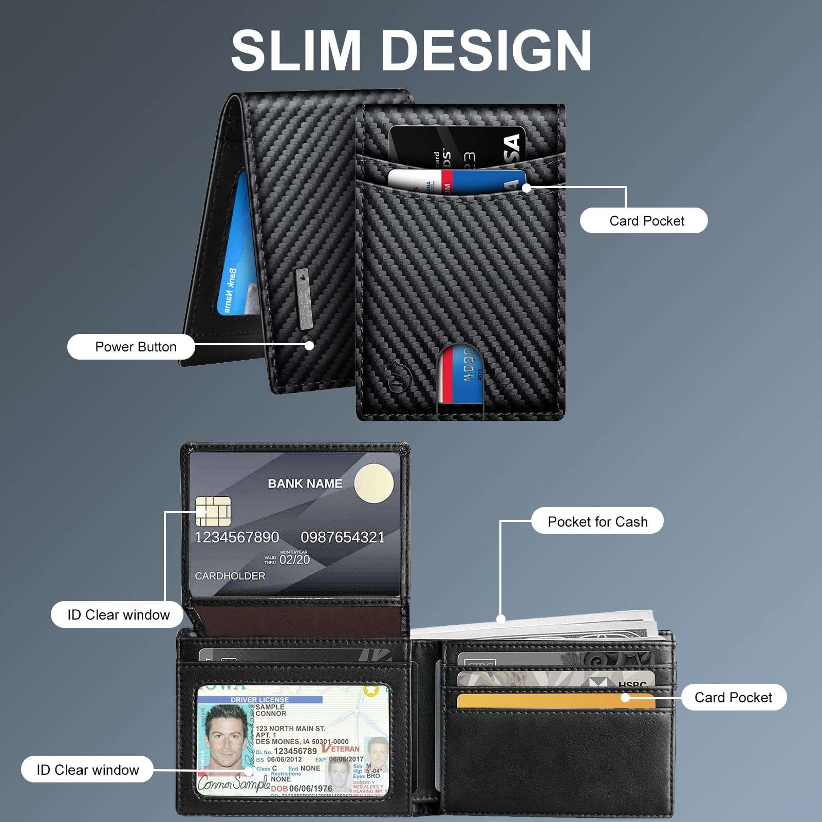 Smart Wallet For Men Work For Apple Find My (Ios Only) APP,Slim Mens Wallet with Tracker Carbon Fiber Bifold Card Holder With Rechargeable Battery Gift Box. (Not For Android) 5