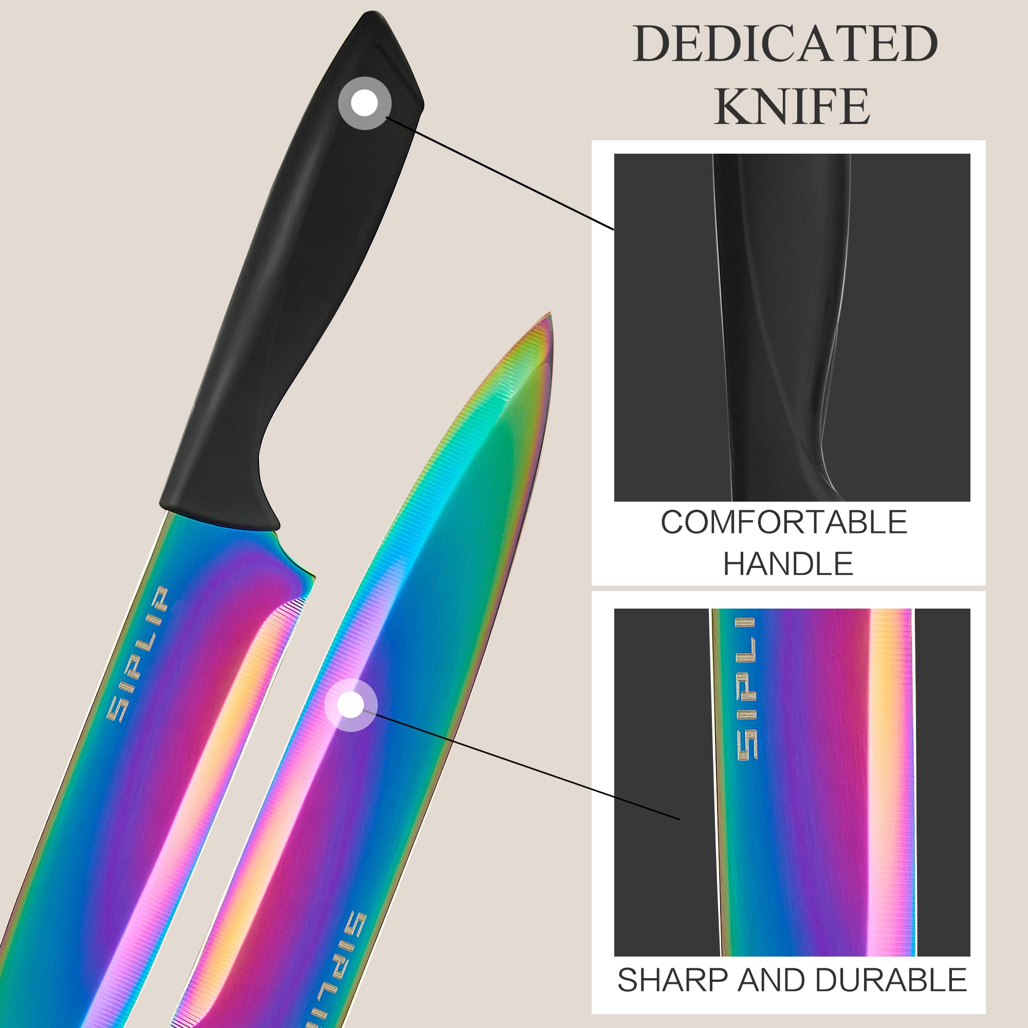 SipLip Kitchen knife set with Magnetic knife holder, 15 pieces high carbon stainless steel sharp kitchen knife set including chef's knife, bread knife, serrated steak knife set, knife sharpener 5