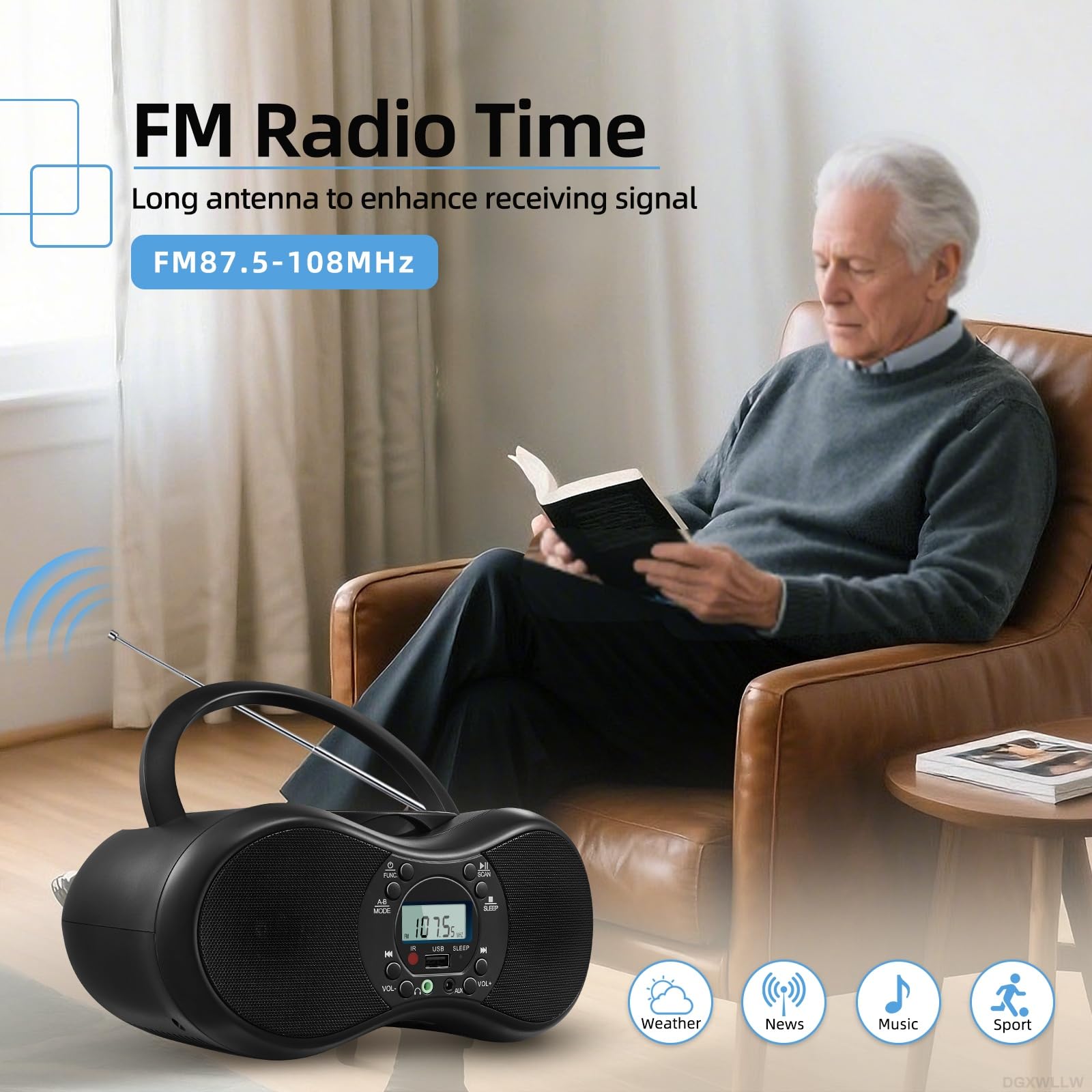 DGXWLLW Portable CD Player Boombox for Home with FM Radio, CD-R/CD-RW/MP3 CDs Playback, Remote Control, Bluetooth, USB Port, 3.5mm AUX-in & Headphone Jack, LCD Display, Sleep Timer, Dual Stereo Sound 6