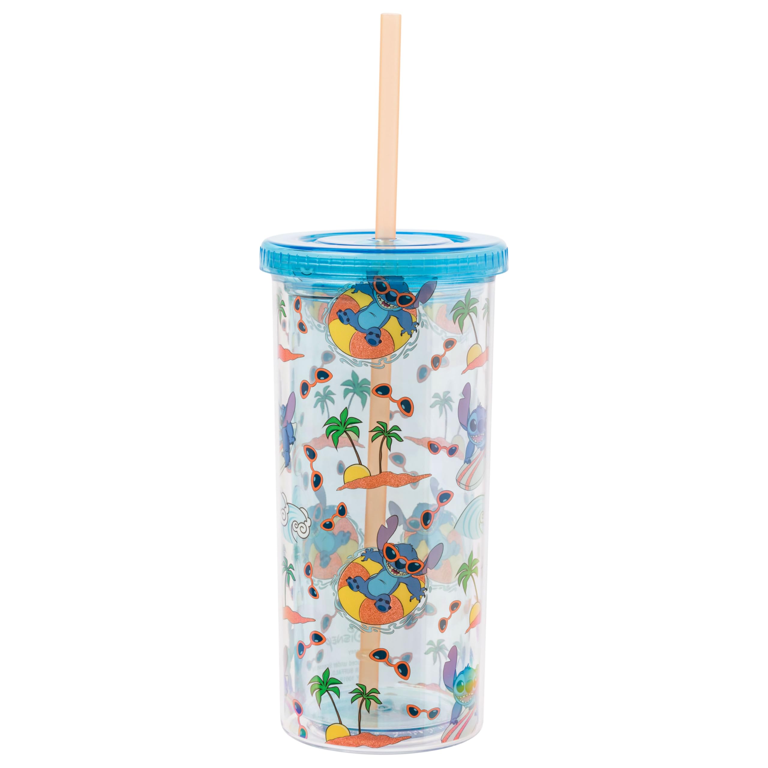 Silver Buffalo Disney Lilo and Stitch Beach Island Stitch in Floatie Swim Ring Plastic Glitter Cold Cup with Lid and Straw, 20 Ounces