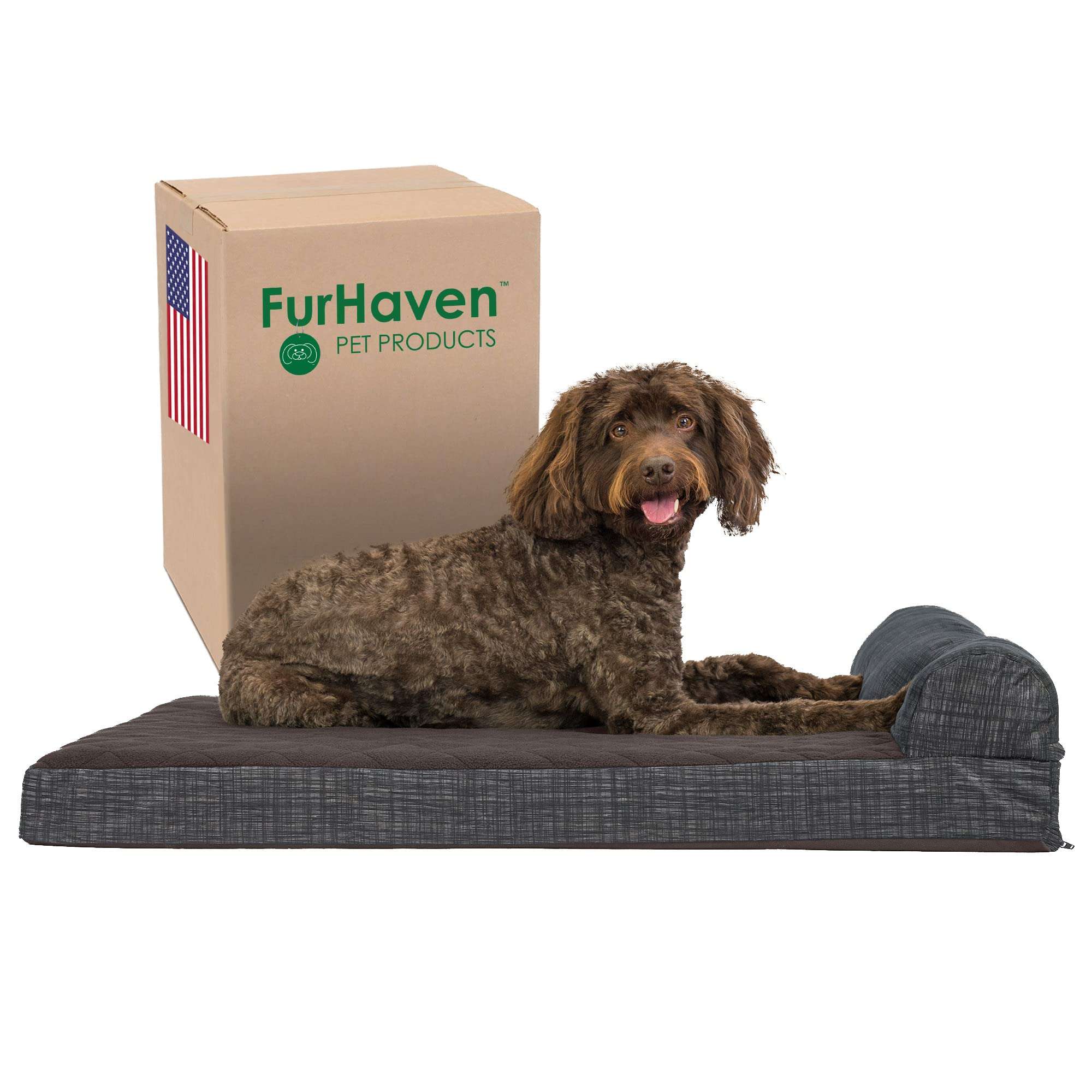 Furhaven Pet 43439281 Large Quilted Fleece & Print Suede Chaise Lounge Orthopedic Sofa Pet Bed, Espresso 1