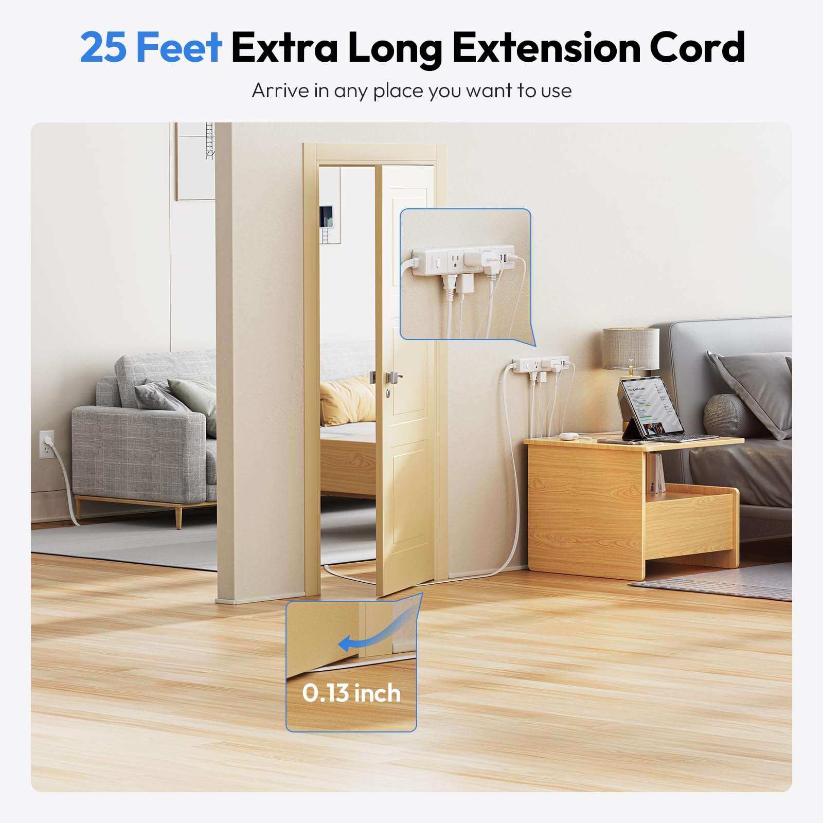 NTONPOWER Flat Extension Cord 25ft, 1080J Surge Protector, 13A / 1625W Overload Protection, Ultra Thin Flat Plug Extension Cord, 6 Outlets 2 USB-A & USB-C + NTONPOWER Pink Extension Cord 10 ft 3