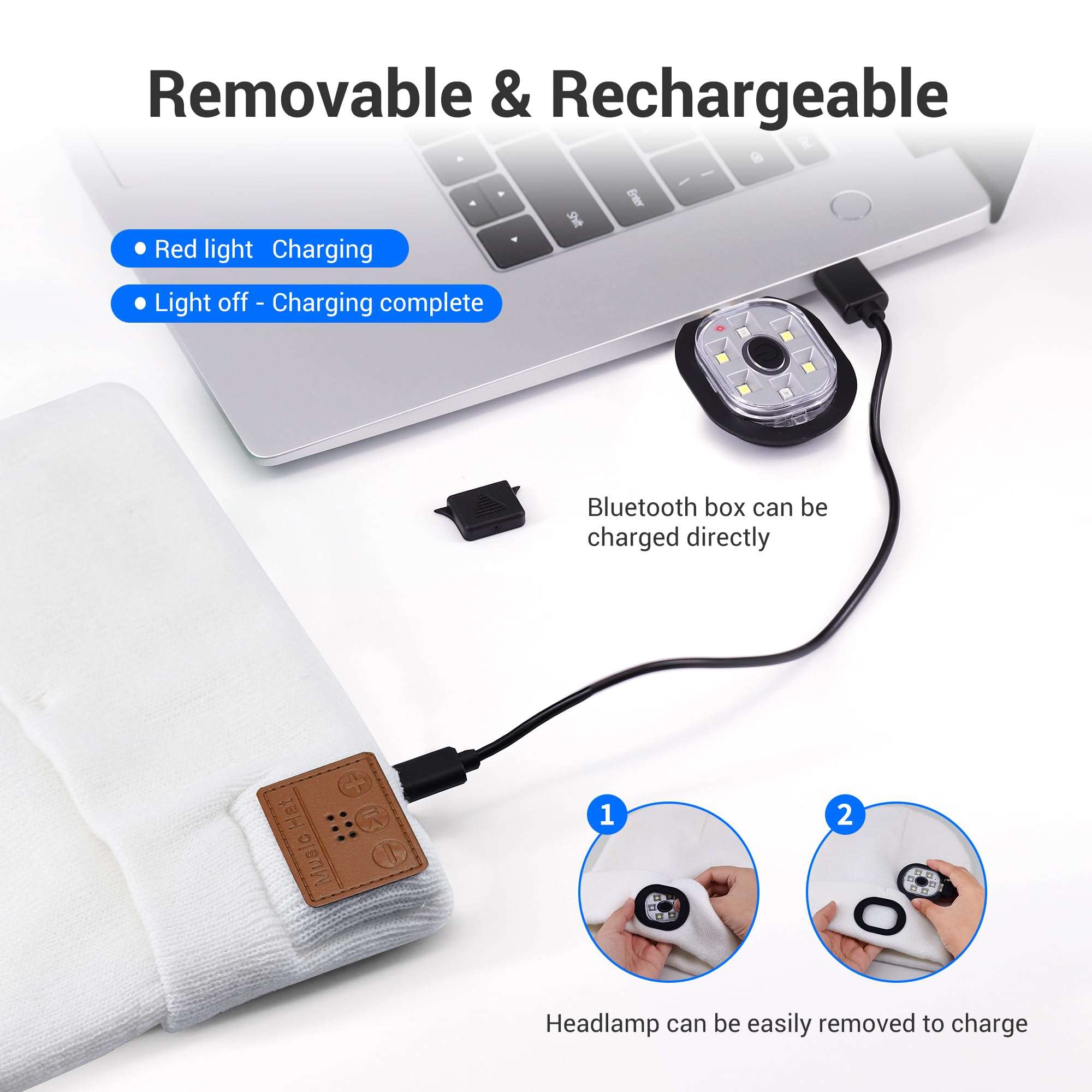 Yontune Bluetooth Hat with Light, Unisex USB Rechargeable 6 LED Headlamp Beanie Cap with Headphones Black Winter Lighted Beanie for Outdoor Sports 6