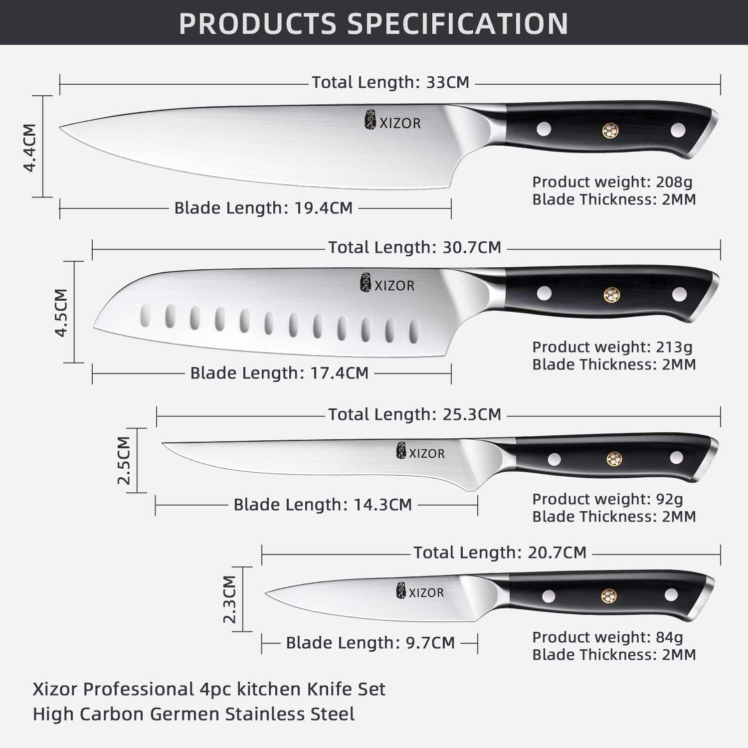 XIZOR 4-Piece Kitchen Knife Set, Includes 8“ Chef knife, 7“ Santoku knife, 6“ Boning Knife, 3.5“ Fruit Knife, Sharp High Carbon German Steel Blade, Full Tang Handle Ergonomic Design 3