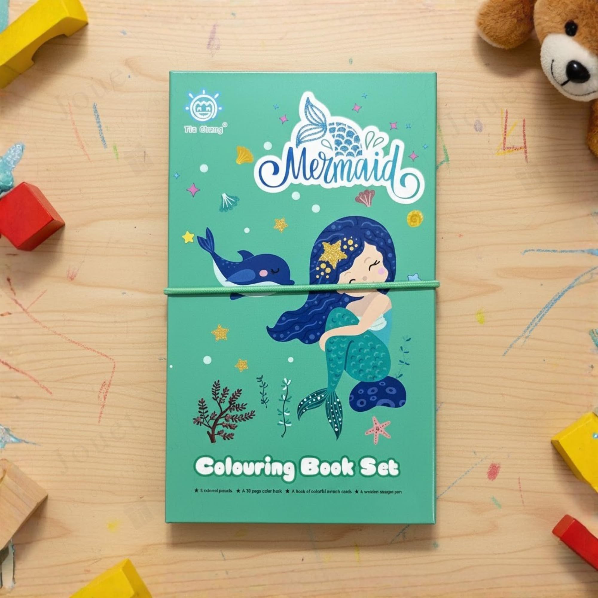 JOUET Mermaid Colouring Book Set for Kids, 30 Pages Coloring Book with 8 Color Pencils, 10 Scratch Art Sheets, Wooden Stylus, Ages 4 and Above 5