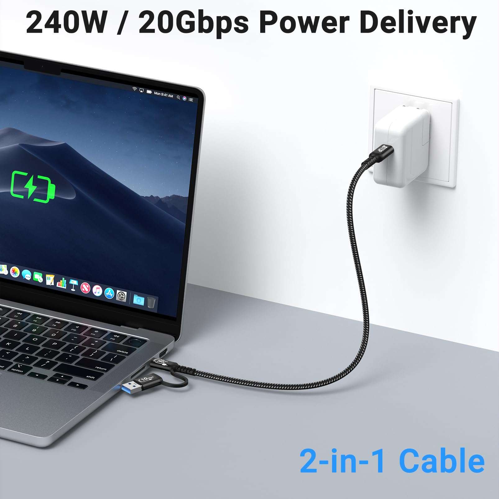 JBTOP 2-in-1 Android Auto USB C Cable 1.5ft[2Pack], USB-C 240W Fast Charging 10Gbps Superspeed Data Transfer Cable, Compatible with iPhone 16 15 Pro Max, Galaxy S23, Pixel 9 Pro XL 6