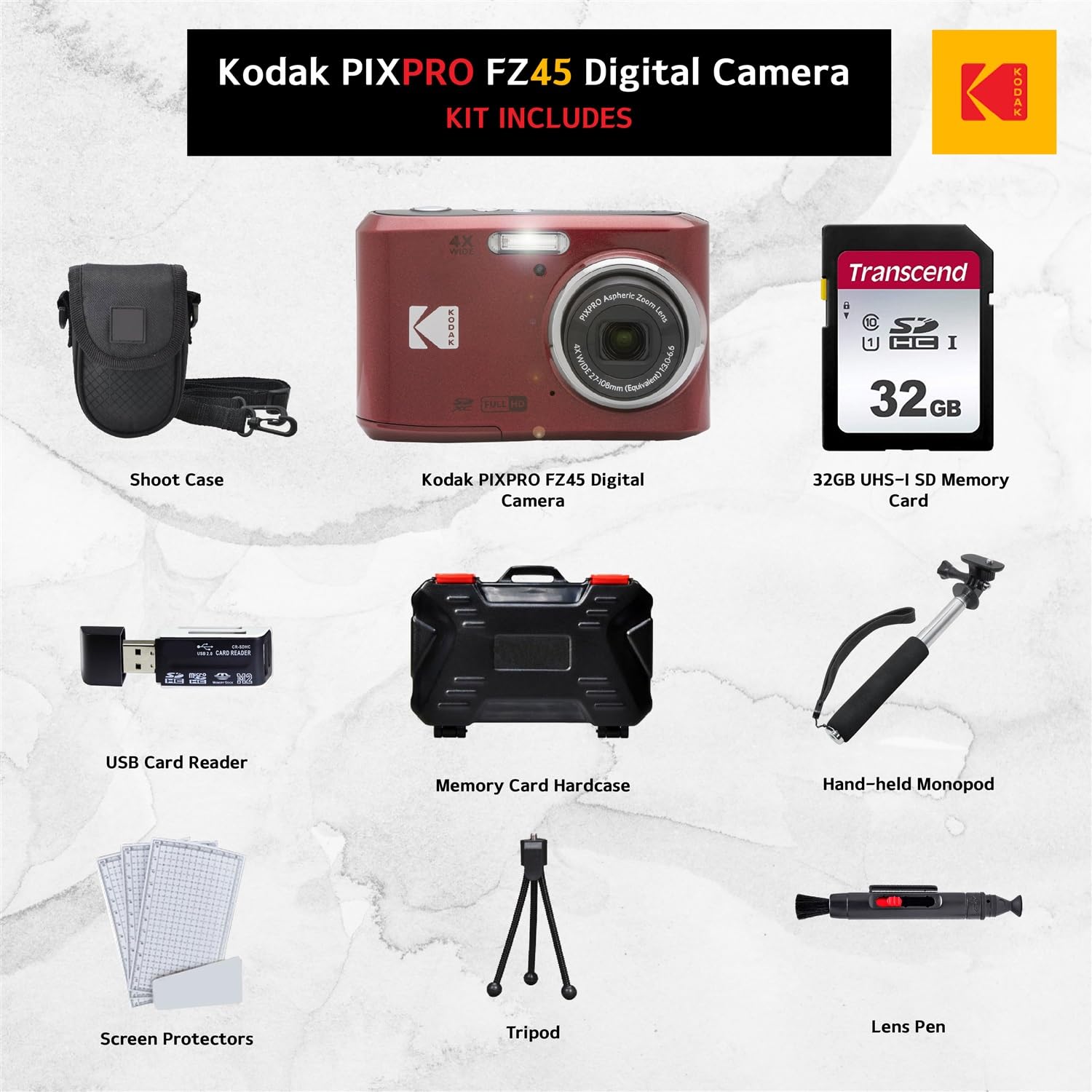Kodak PIXPRO FZ45 Digital Camera + 32GB Memory Card + Point and Shoot Camera Case + Extendable Monopod + Lens Cleaning Pen + LCD Screen Protectors + Table Top Tripod Ultimate Bundle (Red) 2