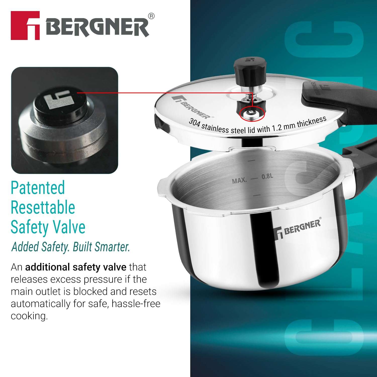 Bergner Argent Classic Triply Stainless Steel 1 Liter Outer Lid Pressure Cooker, Mini Baby Cooker with Resettable Safety Valve, Sturdy Handle, Easy to Use and Clean - Induction and Gas Stove Ready 6