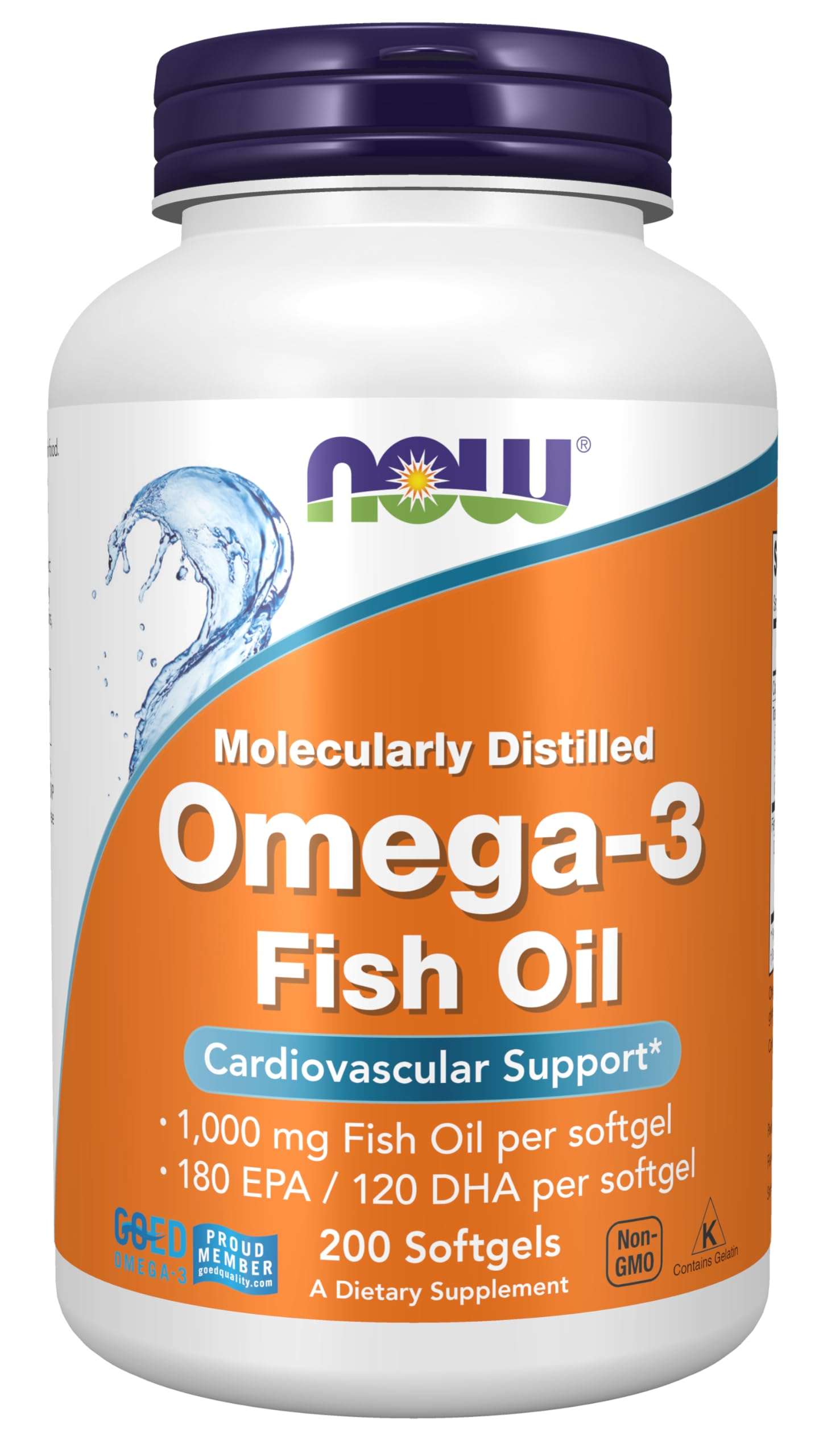 NOW Foods Supplements, Omega-3 180 EPA / 120 DHA, Molecularly Distilled, Cardiovascular Support*, 200 Softgels 1