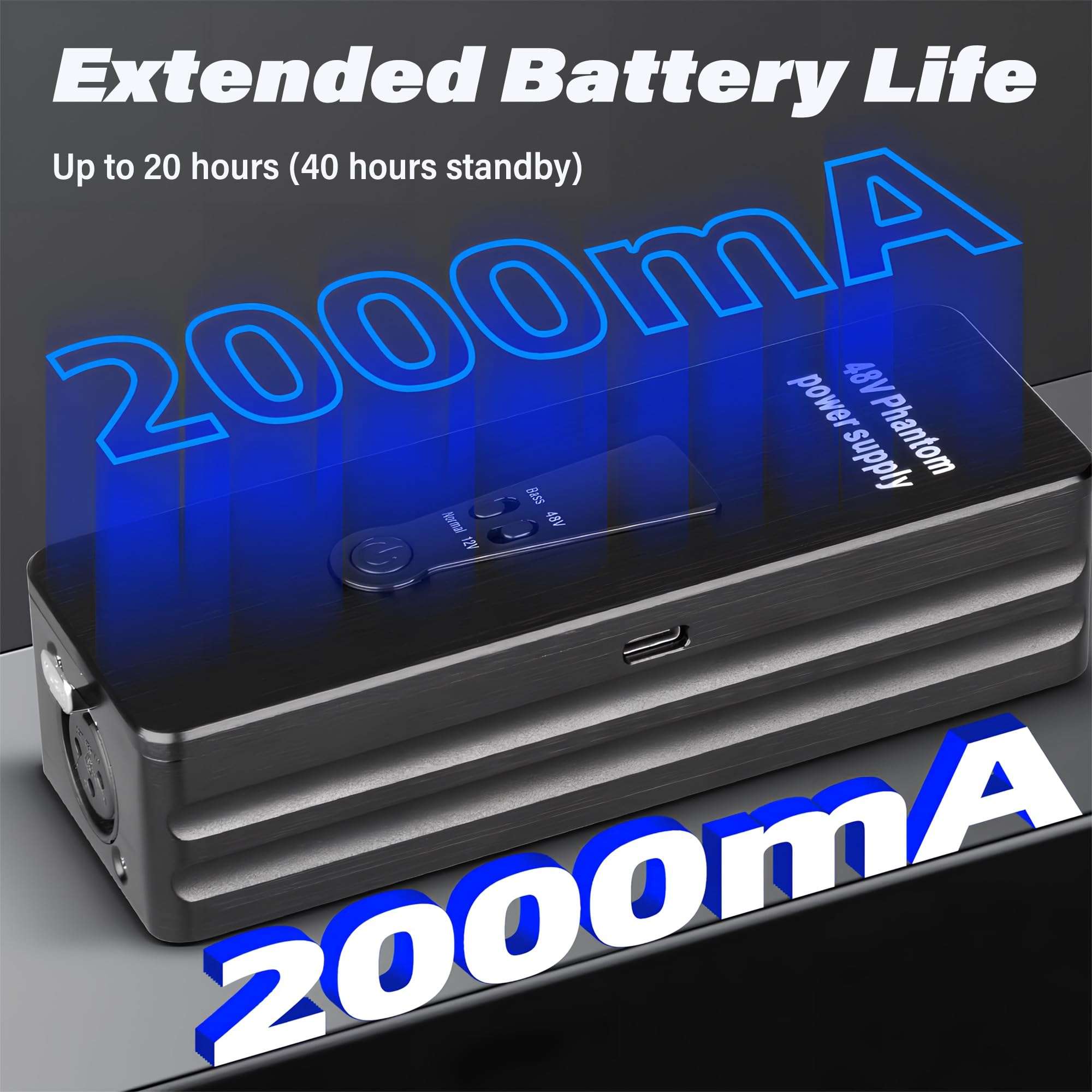 Phantom Power Supply, 48V 12V Rechargeable Portable Phantom Power Supply with LCD Display for Condenser Microphone Shotgun Mic, for Interview Audio Interface Recording Studio Sound Mixer 4