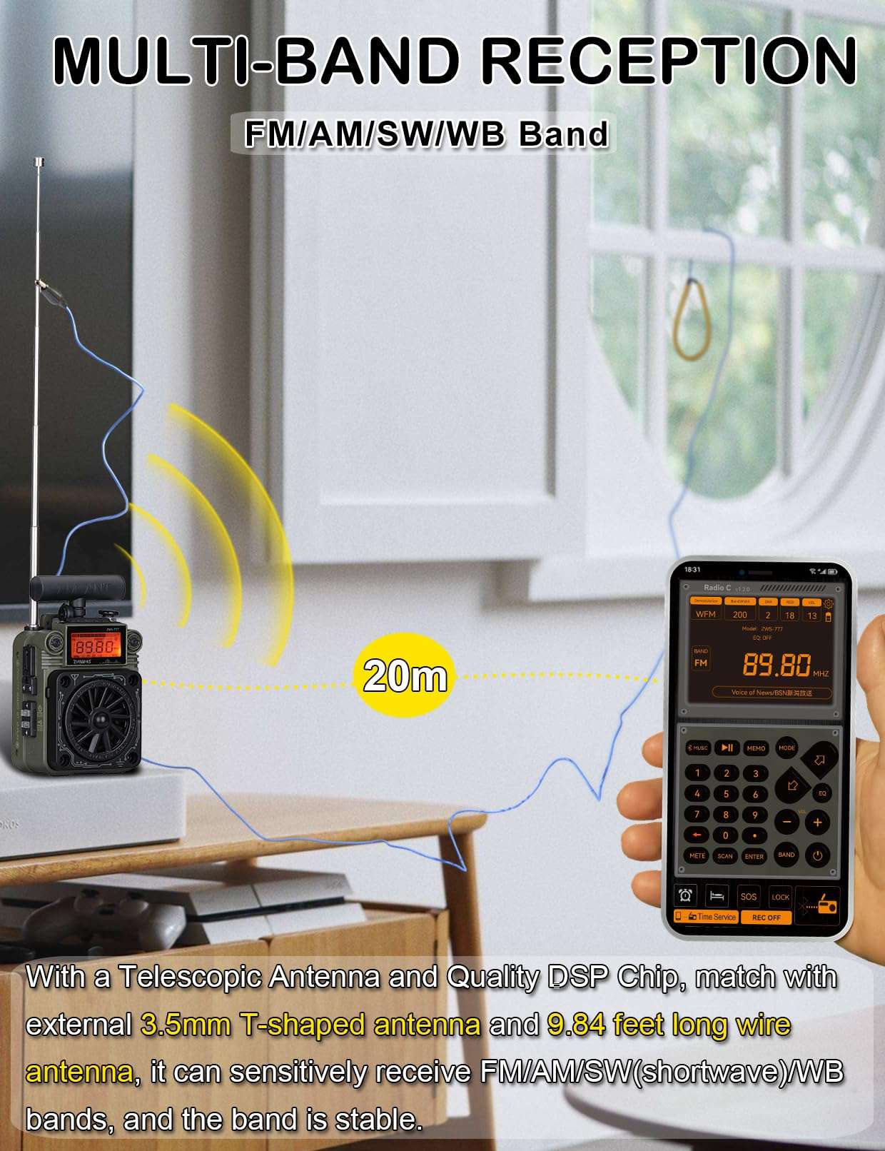 ZHIWHIS AM FM Shortwave Radio with Bluetooth and NOAA Alert, Small Rechargeable Radios with APP Control, Bass, SOS Alarm, Preset, T-Type Antenna, Emergency w/ 9.9 Ft Wire Antenna for Camping ZWS-777 5