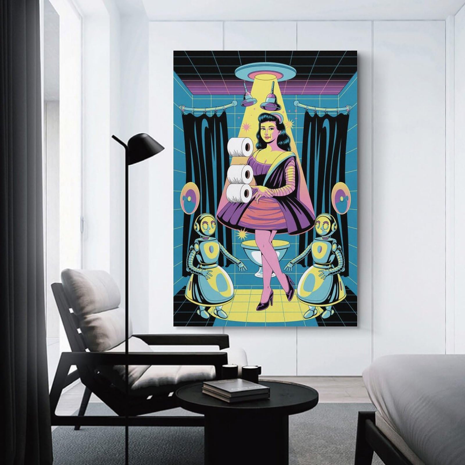 Whimsical Bathroom Decor UFO Scrubber Beehive Hair & Atomic Age Blacklight Curtains Canvas Poster Unframe-style 16x24inch(40x60cm) 4