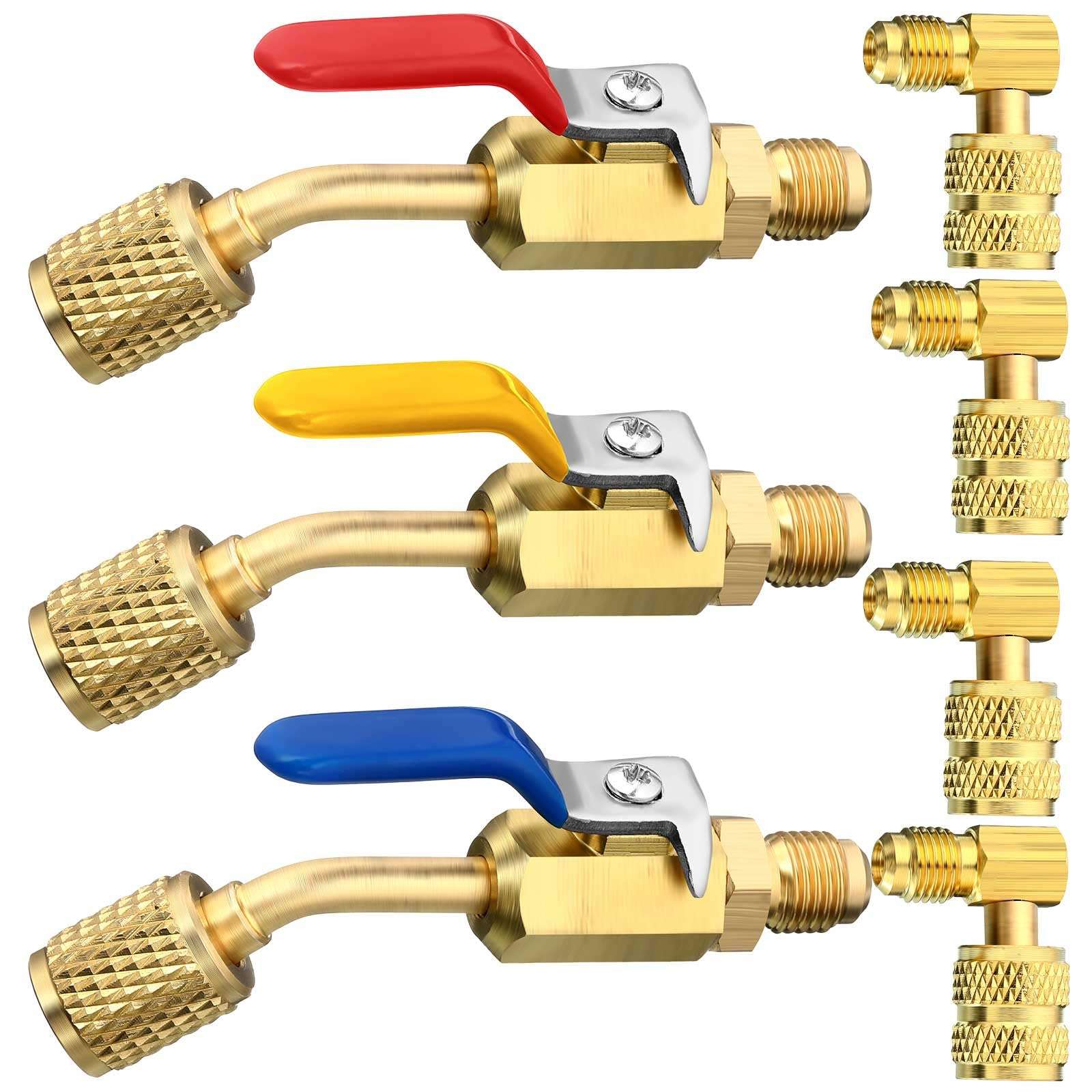 Mudder 7 Pcs Air Conditioning Refrigerant Compact Ball Valve 1/4 Inch for R410A R134A R12 R22 HVAC Adapter 5/16Inch Female to 1/4Inch Male Flare (3 Angle Ball Valve, 4 Right Angle Adapter) 1