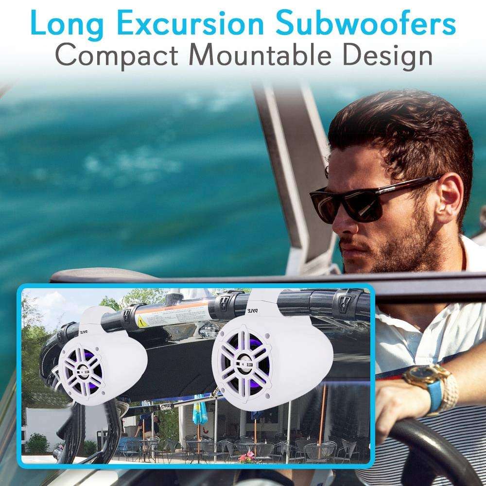 Pyle Waterproof Marine Wakeboard Tower Speakers - 4 Inch Dual Subwoofer Speaker Set w/ 300 Max Power Output - Boat Audio System w/Built-in LED Lights - Mounting Clamps Included PLMRLEWB46W (White) 6