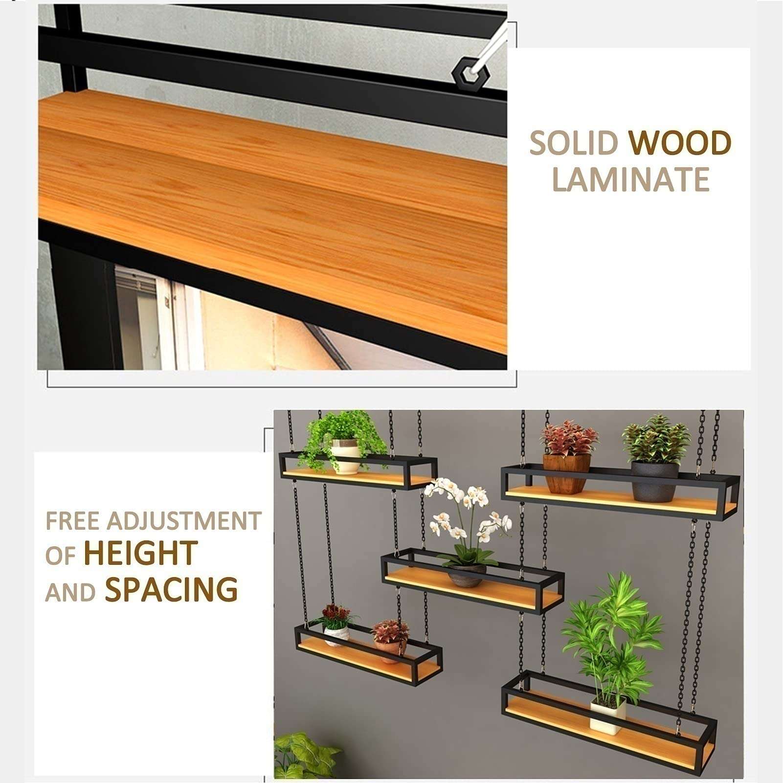 Retro Hanging Flower Shelf Pot Pan rack Storage Rack for Balcony Kitchen, Ceiling-Type Plant Stand Wine Holder Living Room Bar With Iron Chain Article And Wood Bottom Decorations Display Shelving 6