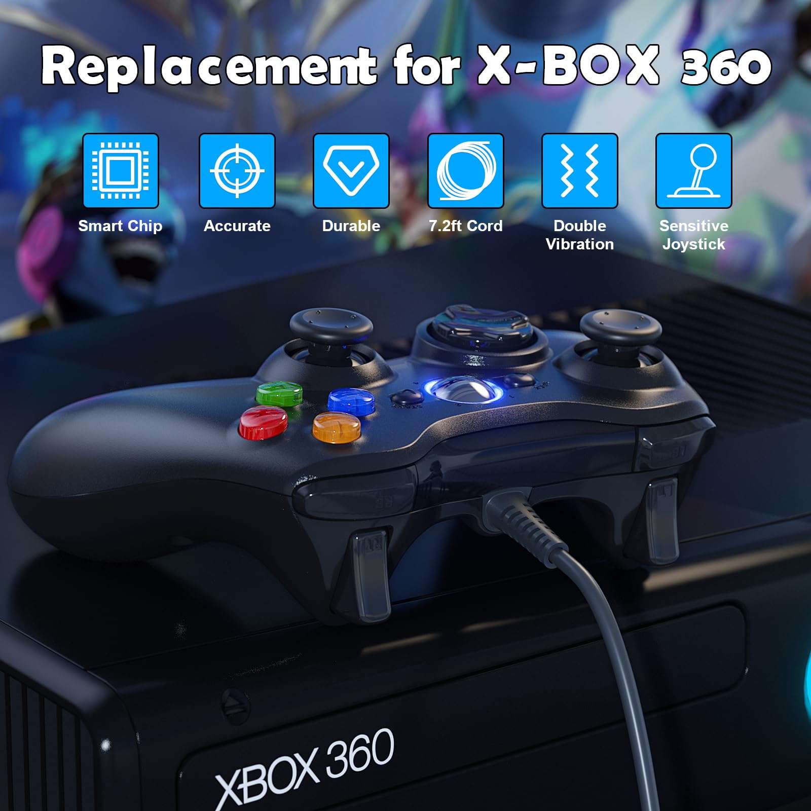 LENISUOLE Wired PC Controller for Xbox 360, Wired Controller Compatible with Microsoft Xbox 360 & Slim/PC Windows 10/8/7, with Upgraded Joystick, Double Shock | Enhanced 6