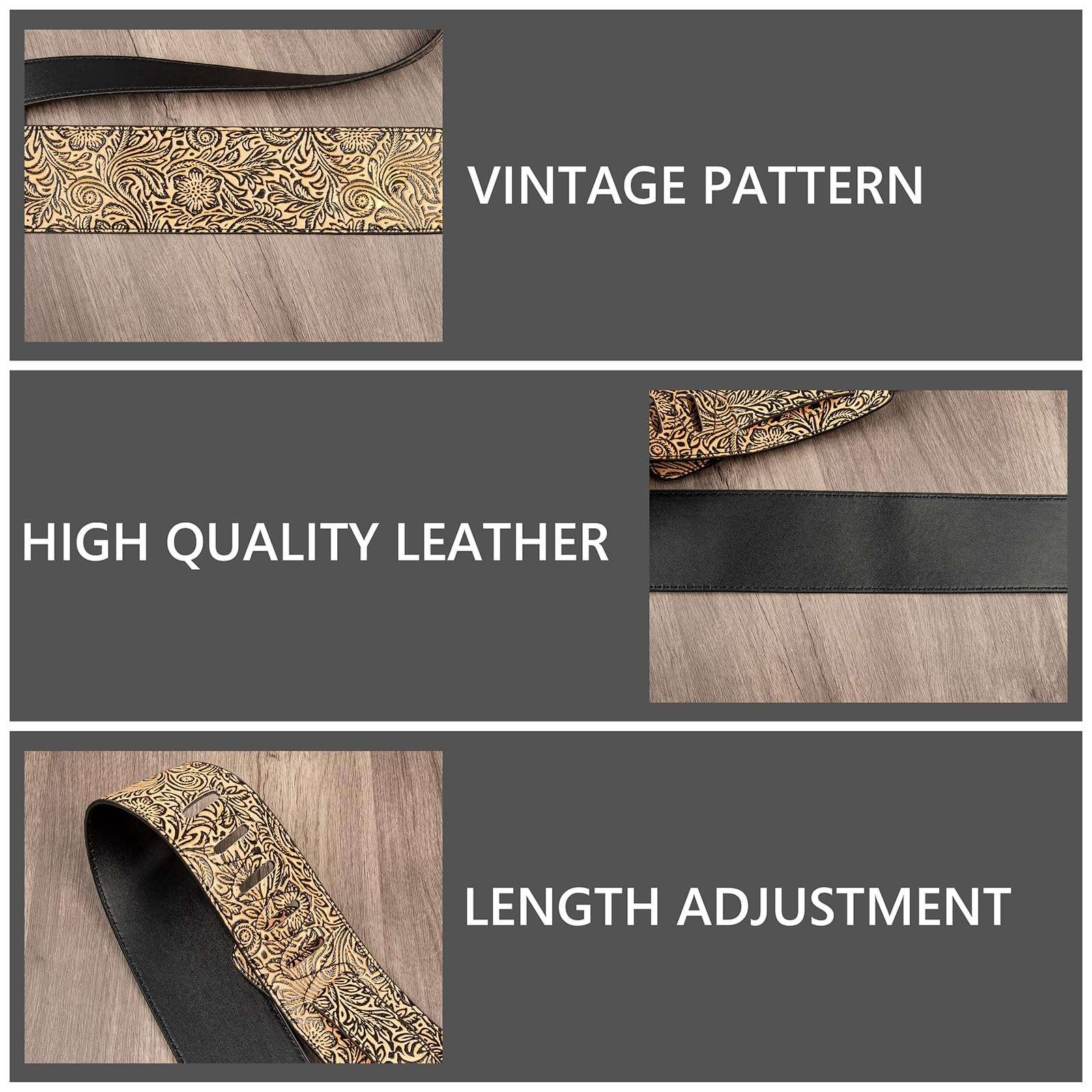 Musiin Premium Guitar Strap Classic Style Pattern Guitar Strap Set for Bass, Electric & Acoustic Guitar (Gold Leather) 4