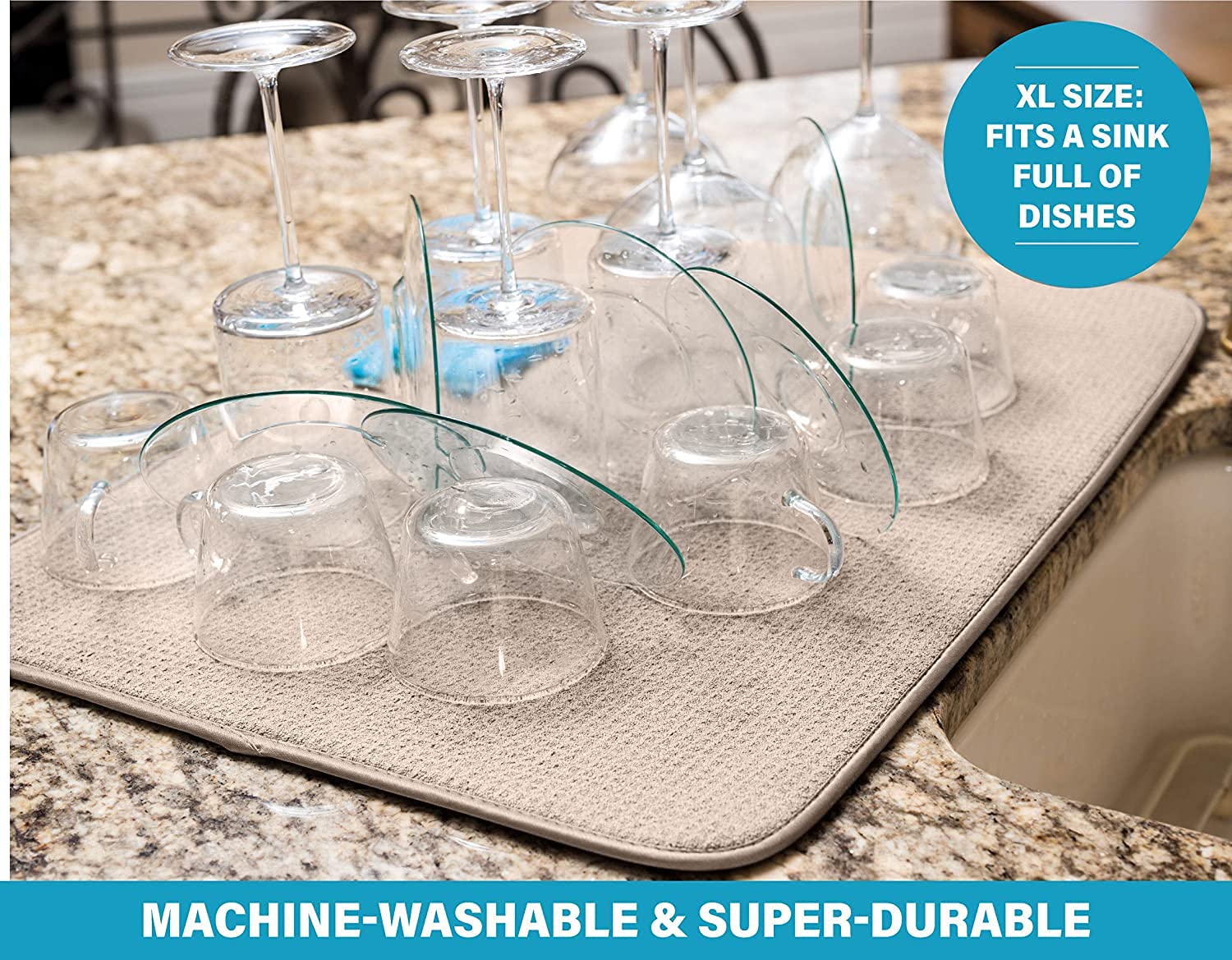 XXL Dish Mat 24" x 17" (LARGEST MAT) Microfiber Dish Drying Mat, Super absorbent by Bellemain (Light Gray) 5