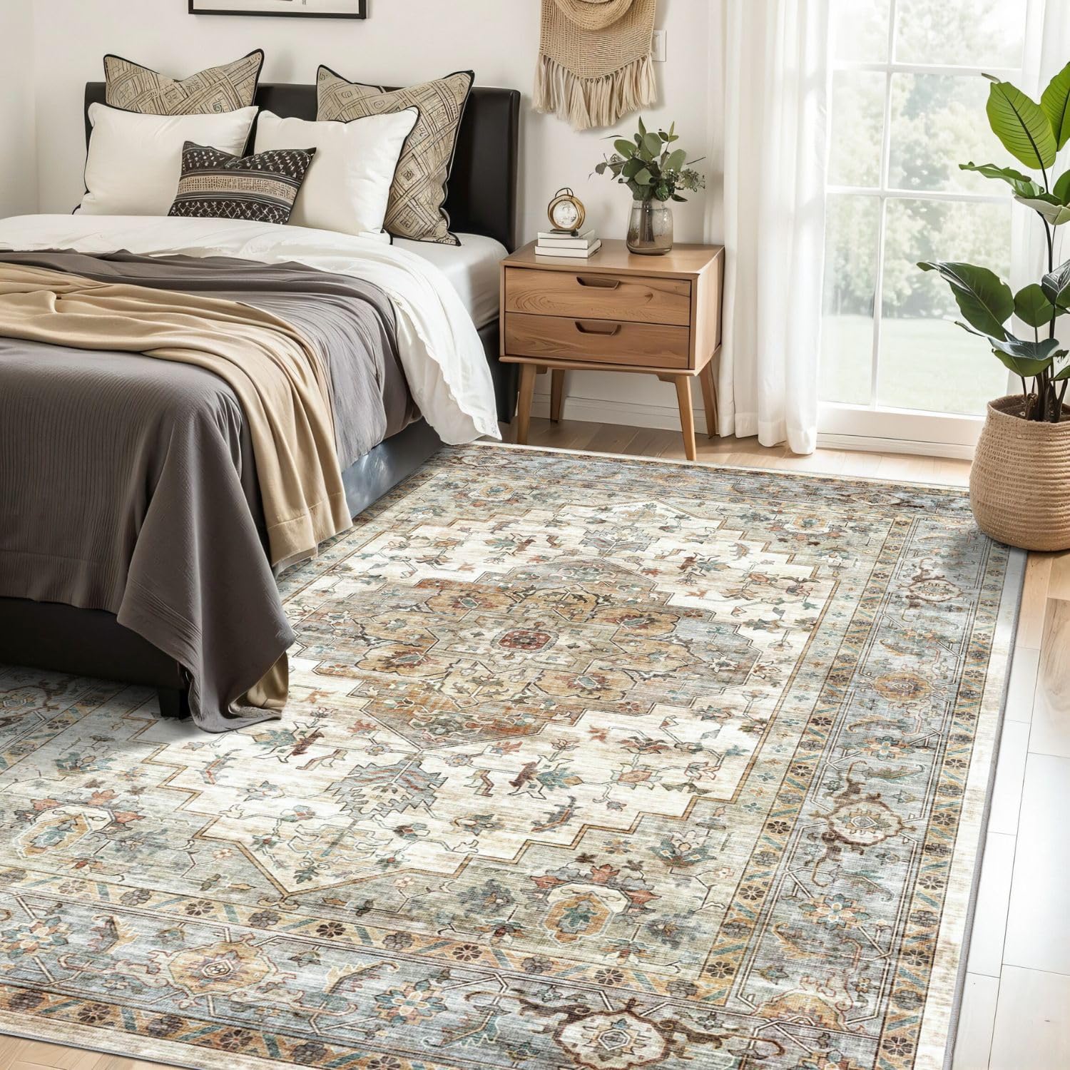 Syalife 4x6 Washable Area Rug, Ultra Soft Non-Slip, Low Pile, Stain Resistant Vintage Area Rug for Living Room,Boho Carpet for Bedroom, Dining Room, Office, Foldable Home Decor Rug, Multi Beige 2
