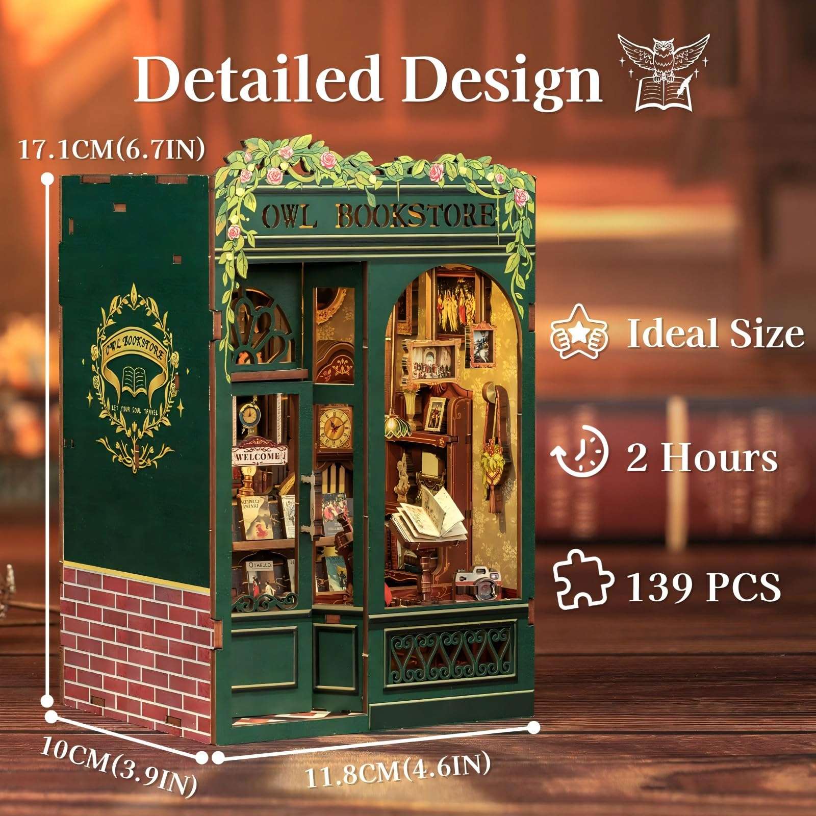 Fsolis Book Nook Kit, DIY Miniature House Kit for Adults Teens Beginners Wood Puzzle Buliding Kit Easy Booknook Craft Gifts for Women(OWL Bookstore) 4