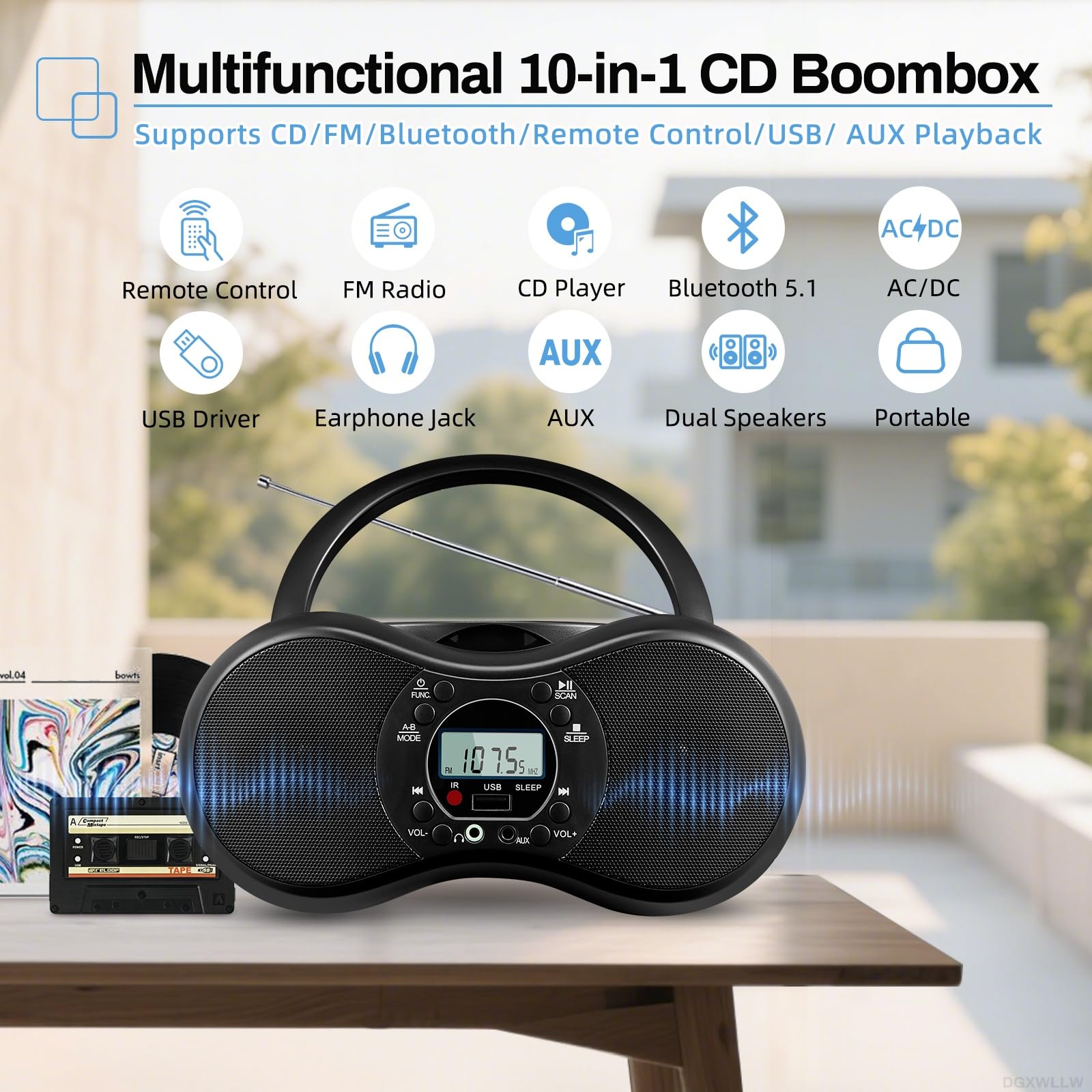 DGXWLLW Portable CD Player Boombox for Home with FM Radio, CD-R/CD-RW/MP3 CDs Playback, Remote Control, Bluetooth, USB Port, 3.5mm AUX-in & Headphone Jack, LCD Display, Sleep Timer, Dual Stereo Sound 4
