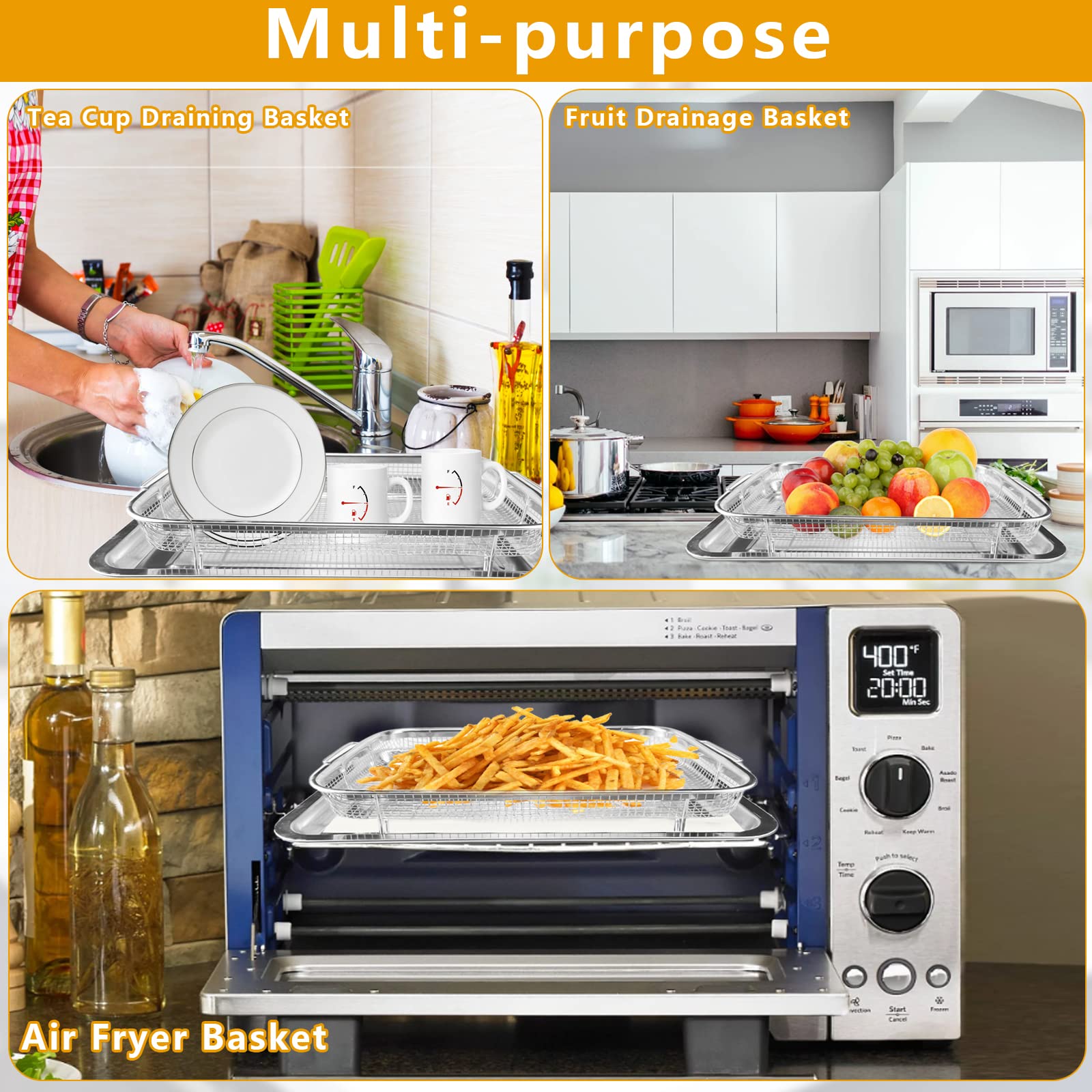 Air Fryer Basket for Oven, 2 Pieces Stainless Steel Air Fryer Baking Pans, 15.39 X 11.42 Inch Crisper Tray, Mesh Grill Basket Replacement, Airfryer Rack for Chicken, French Fry and Frozen Food 5