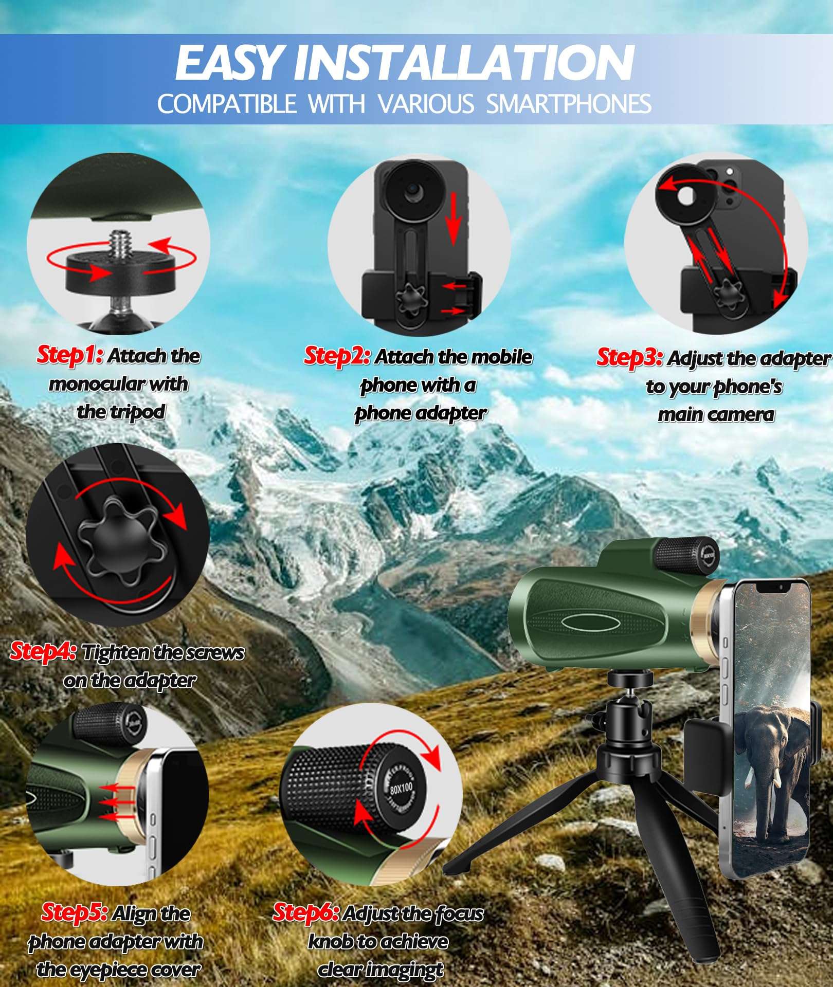 Monocular-Telescope 80x100 HD for Adults Larger Vision Monoculars High Powered Smartphone Monocular for Bird Watching Hunting Hiking Camping Wildlife 5