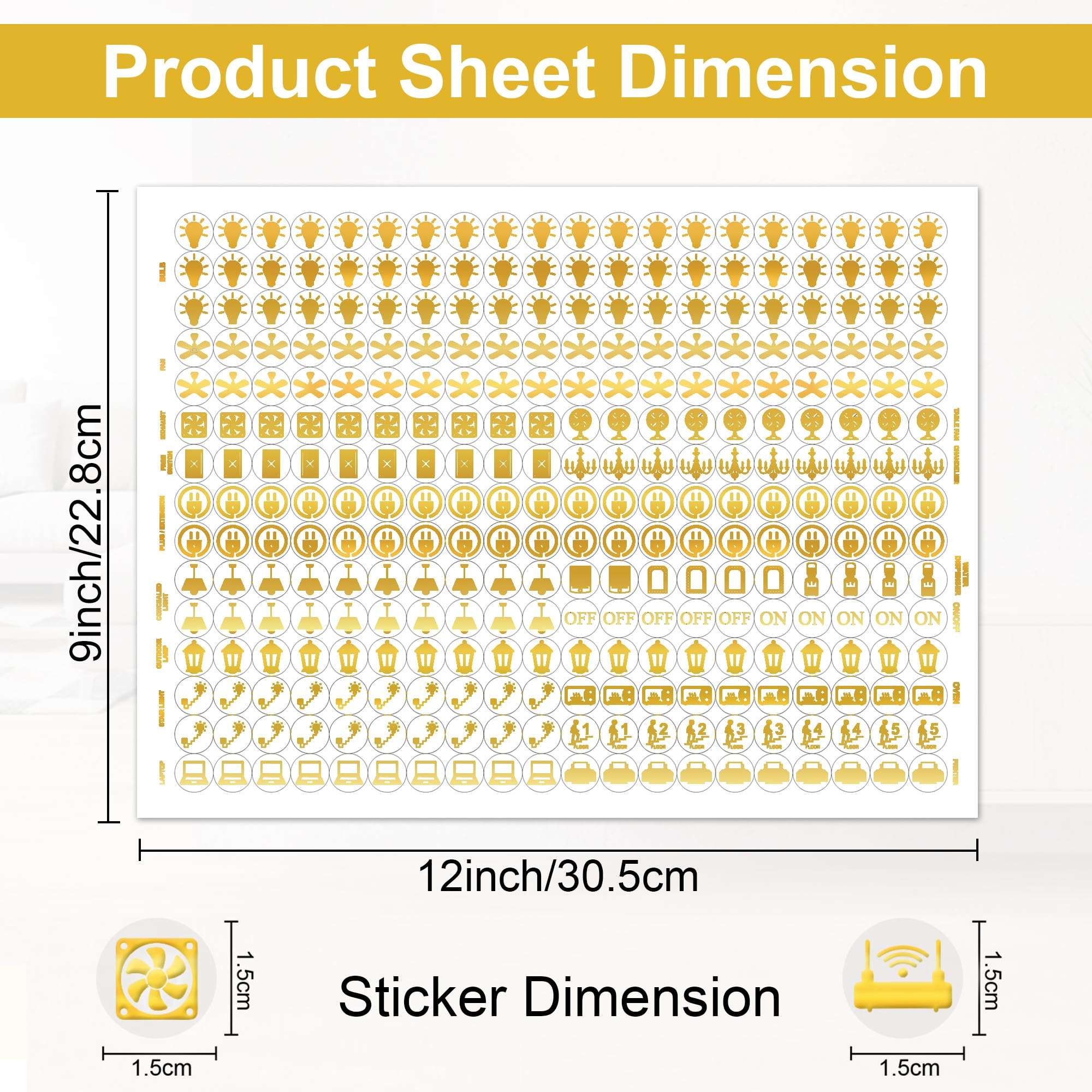 GLUN® Royal Gold 600 Vinyl Switchboard Stickers | 60+ Luxury Embossed Finish Icons for Fan, Light, AC & Home Switch Buttons 4