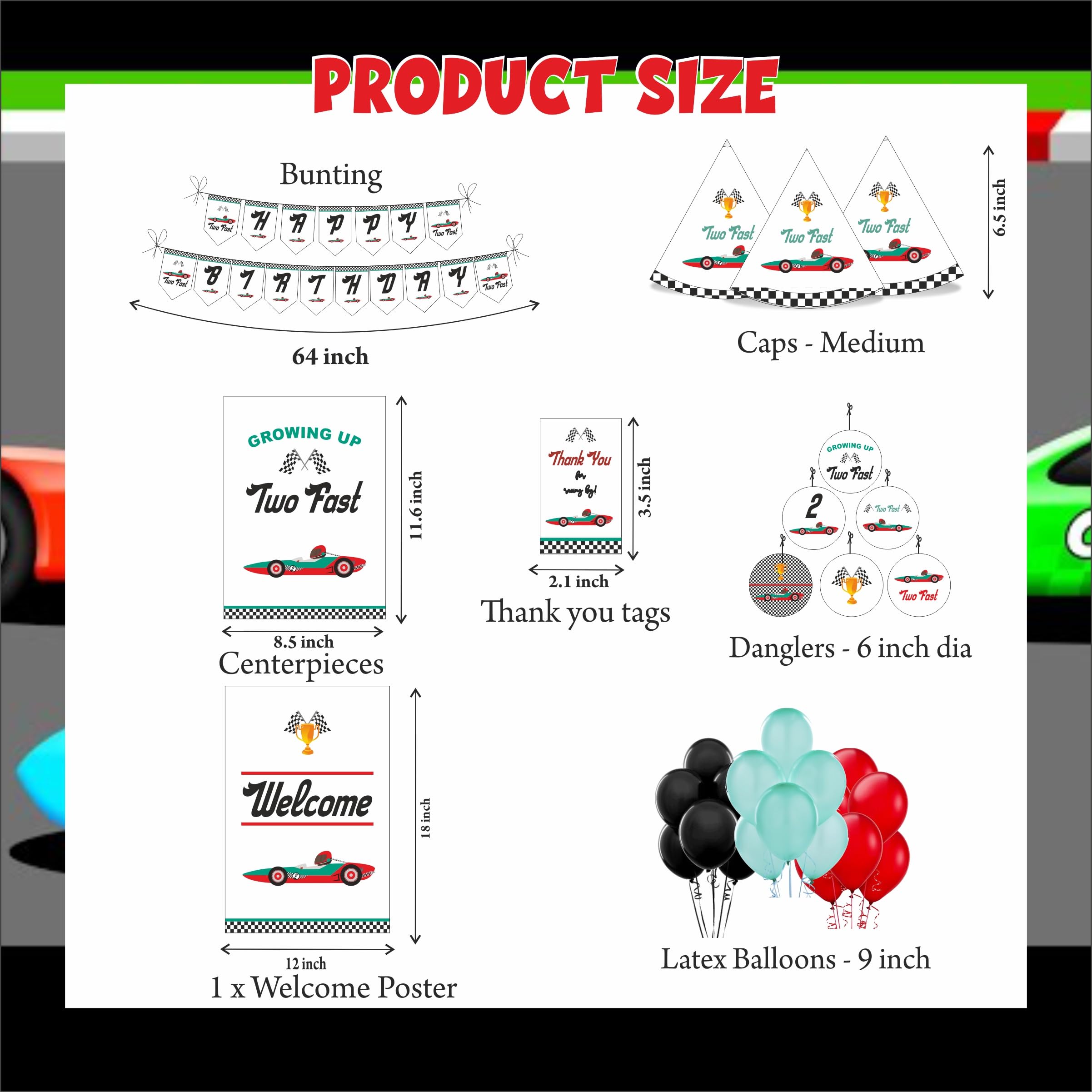 PRETTY UR PARTY Two fast Party decorations Kit - 80 pcs include Bunting, balloons, thank you, centerpiece, danglers, Caps, Race car Party Supplies, 2nd Birthday Decor, DIY Décor for Kids, Boys 4