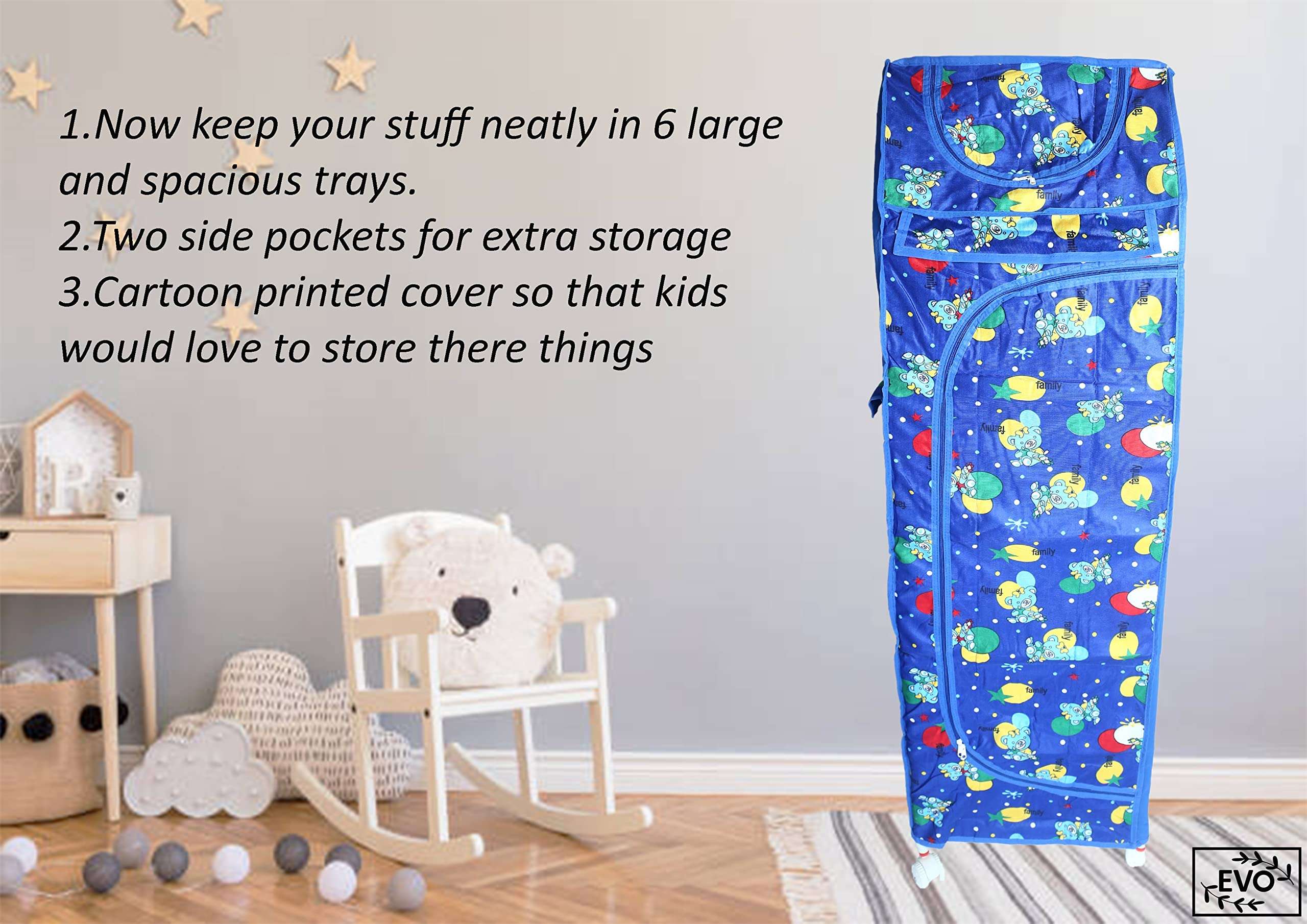 Evoshine® Colorful Design Cotton 5 Cabinet Hanging Baby Almirah, Kids Wardrobe, Cloth Organizer, Folding Almirah, Toy Box (Blue) 3