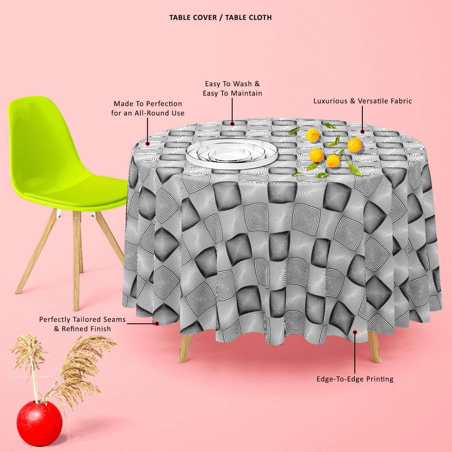 ArtzFolio Monochrome Squares | Table Cloth Cover for Dining & Center Table | Cotton Canvas Fabric | 4-Seater Table; 42 inch (107 cms) Diameter 6
