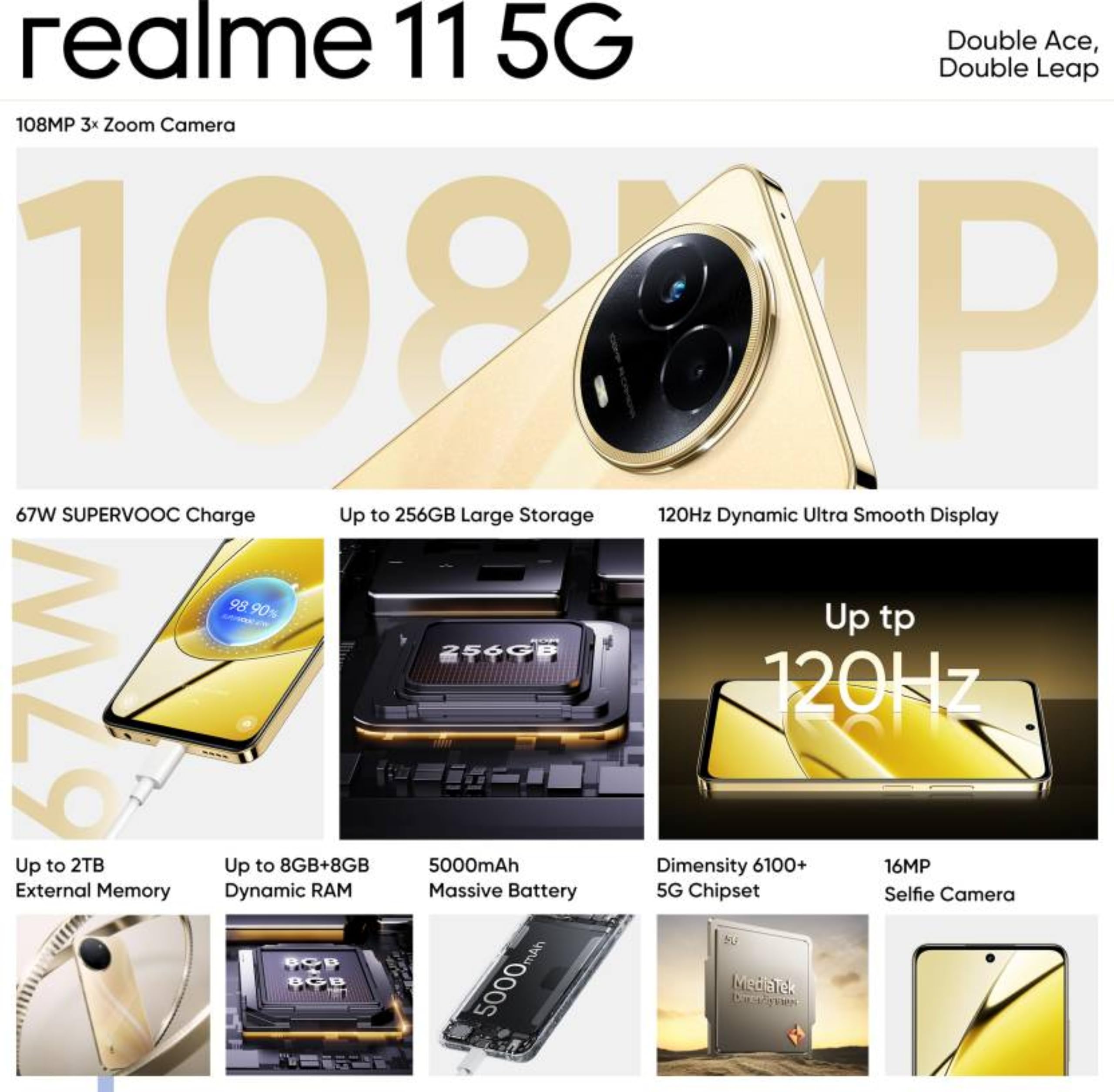 realme 11 5G (Glory Gold, 8GB RAM, 256GB Storage) | Dynamic Ultra Smooth Display | Up to 8GB+8GB Dynamic RAM | 108MP 3× Zoom | 16MP Selfie Camera | Dimensity 6100+ 5G Processor | 67W SUPERVOOC Charge 2